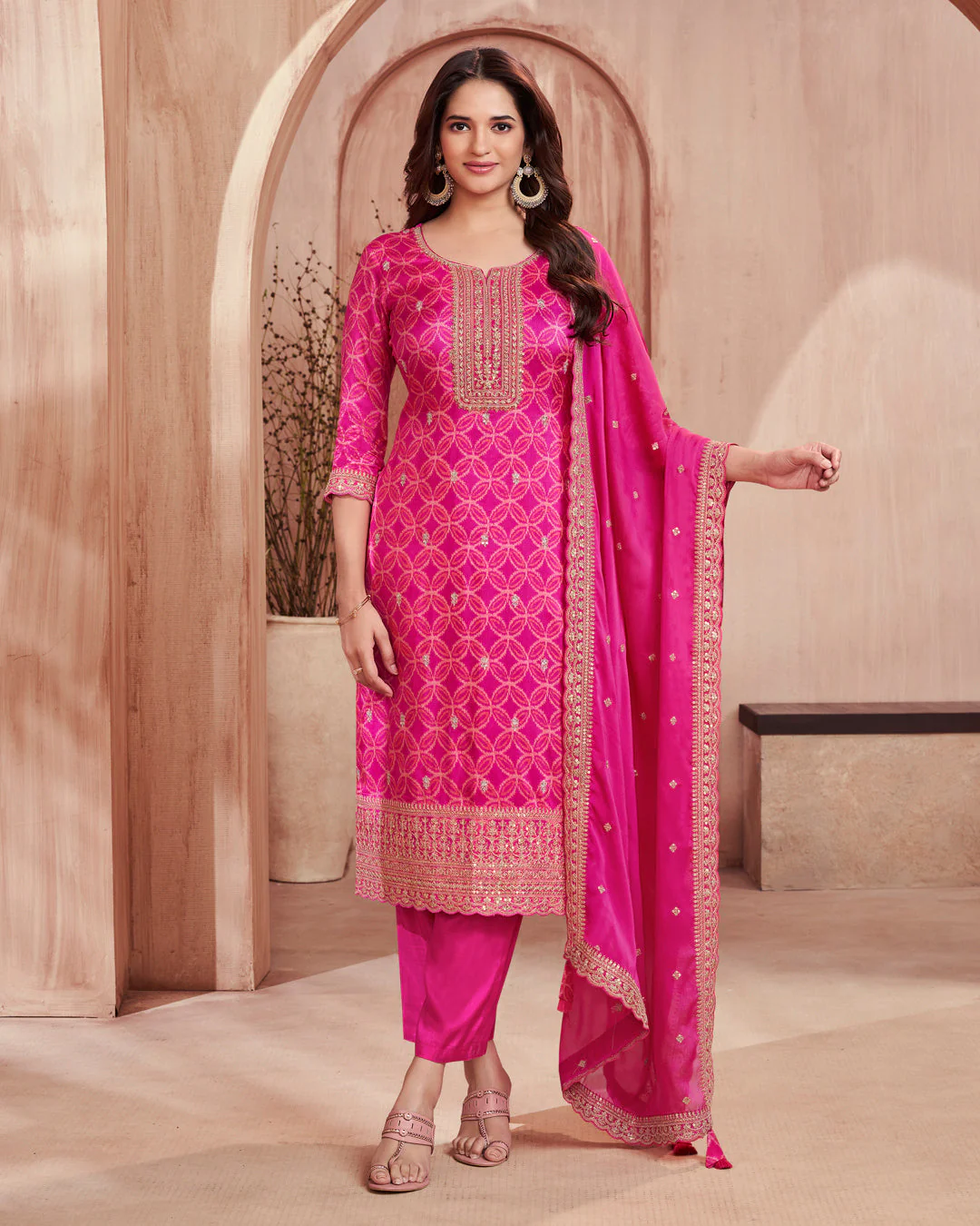 Fuchsia Regal Embellished Dola Silk Pant Set