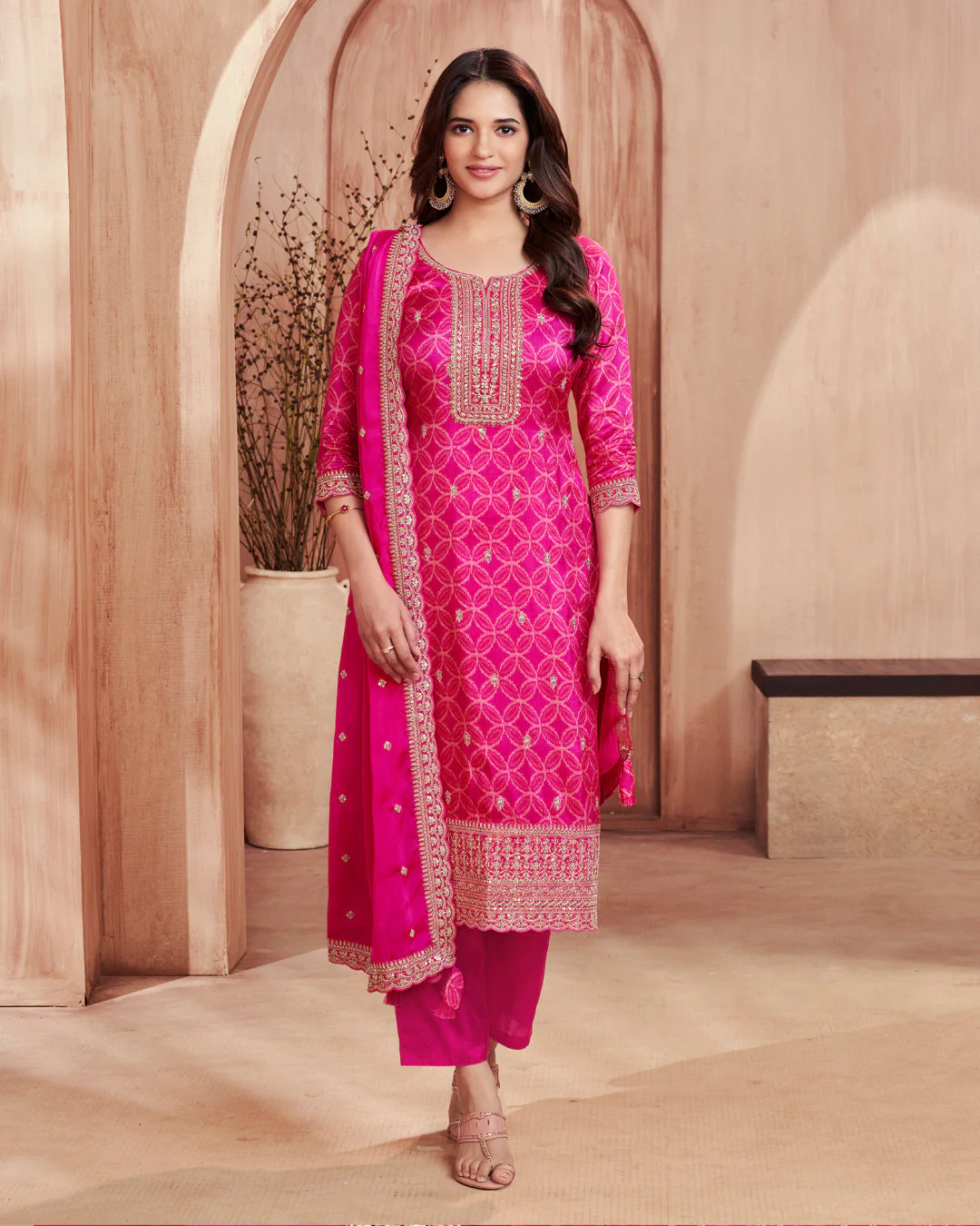 Fuchsia Regal Embellished Dola Silk Pant Set - Image 4