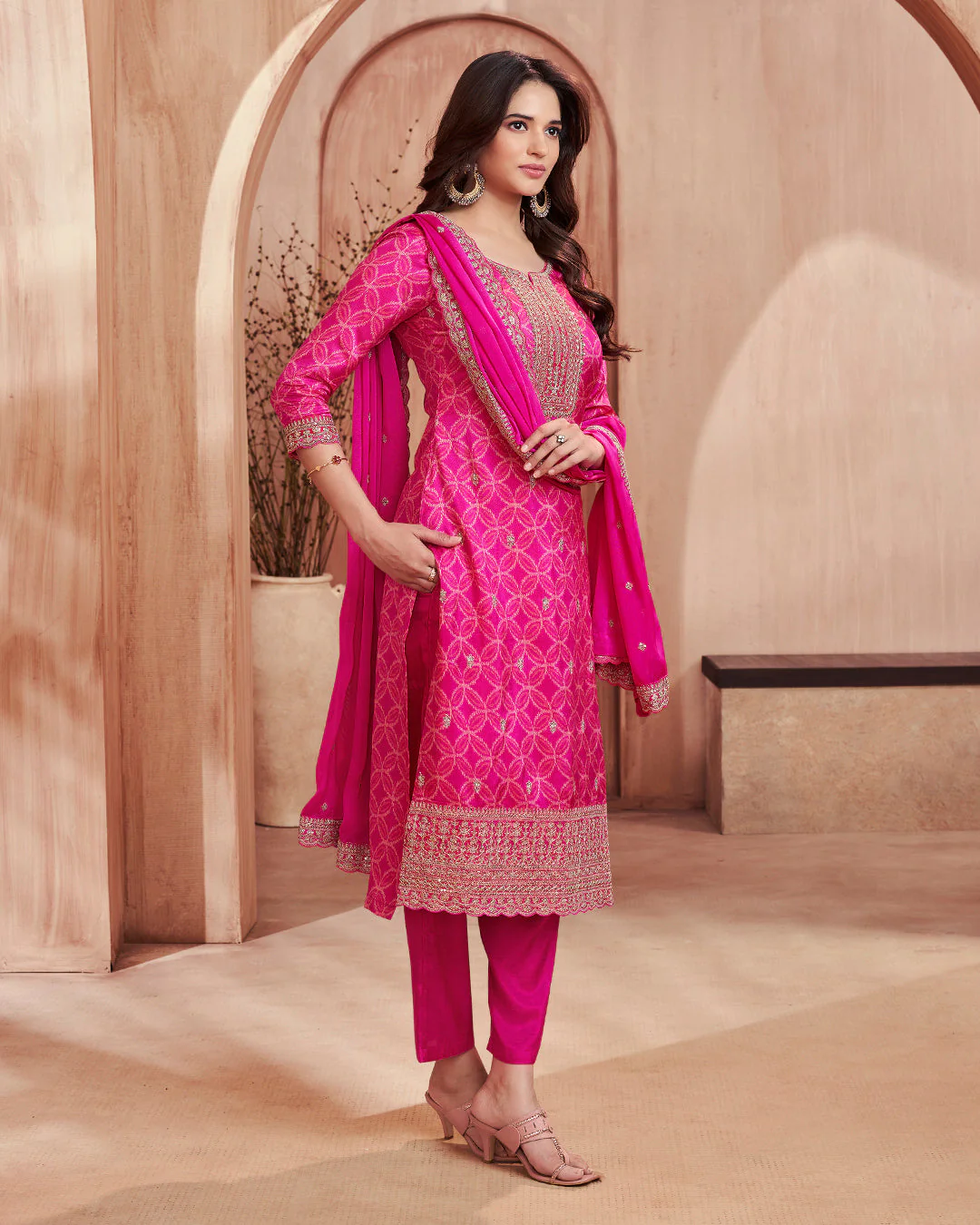 Fuchsia Regal Embellished Dola Silk Pant Set - Image 5
