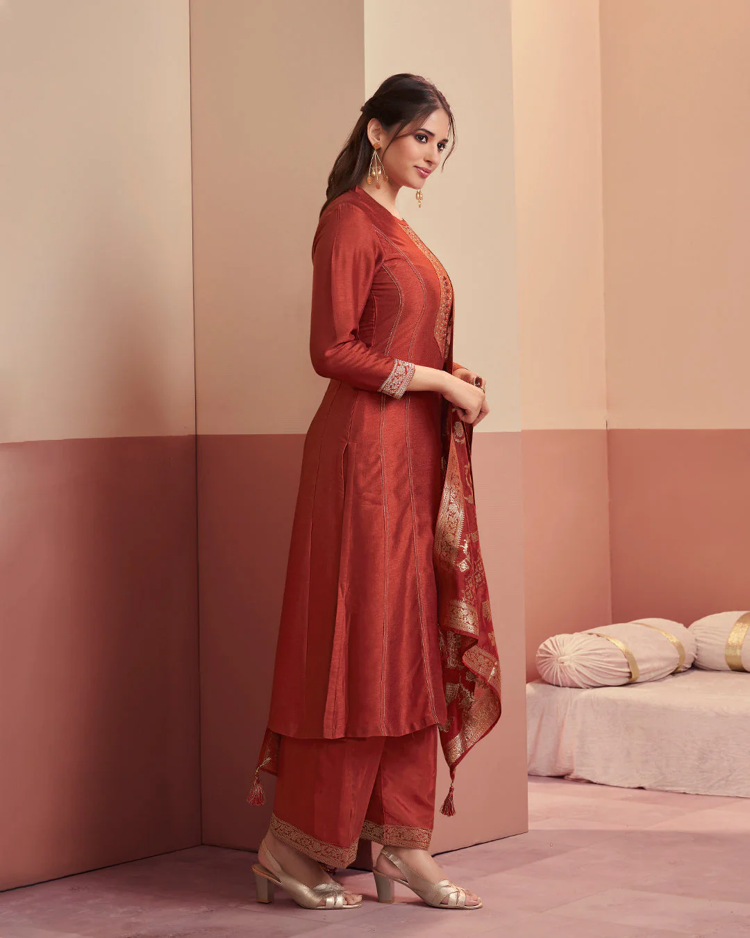 Crimson Royale Embellished Vichitra Silk Pant Set - Image 5