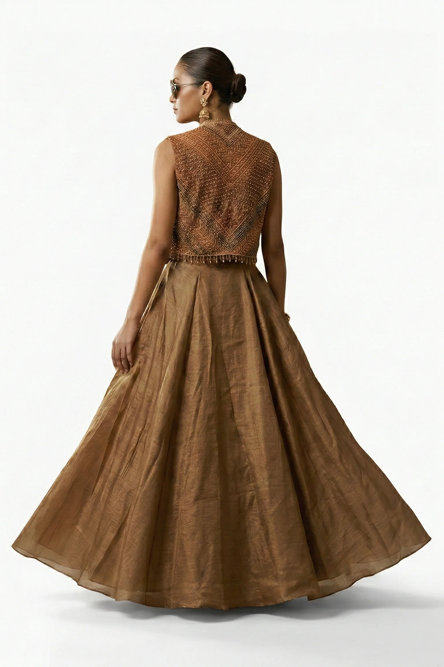 Earthy Amber Embellished Tissue Silk Skirt Set - Image 2
