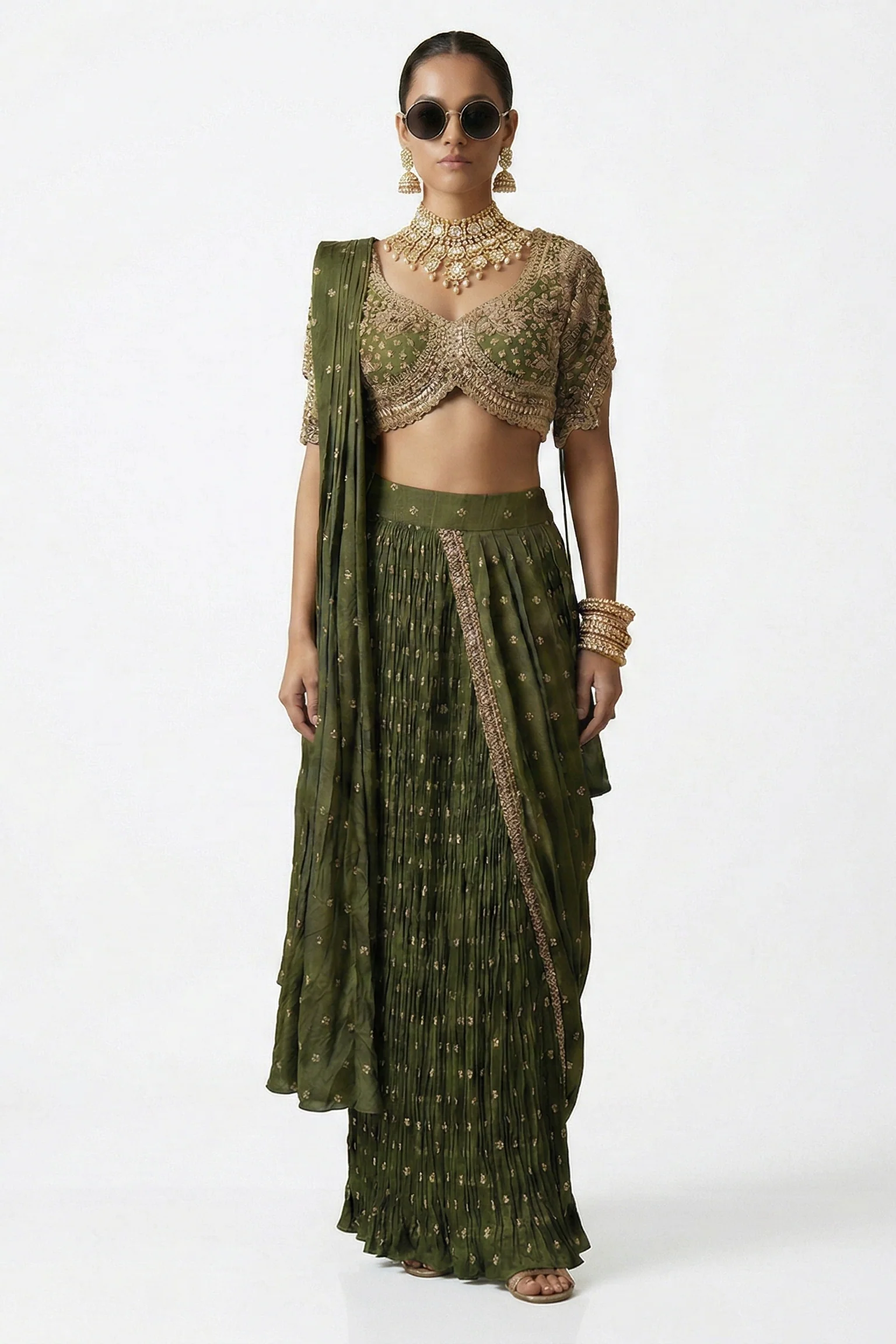 Emerald Gilded Embellished Raw Silk Draped Saree