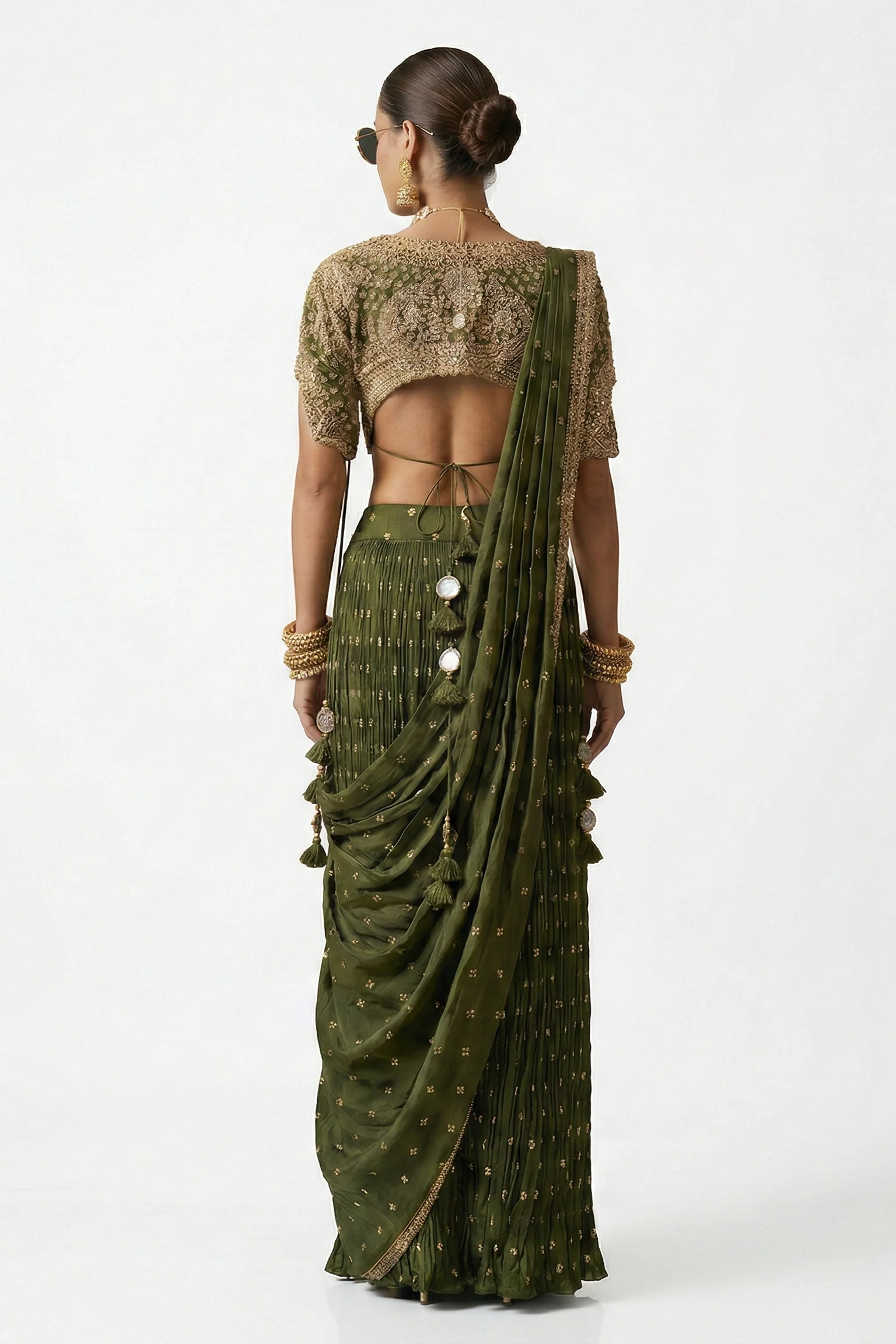 Emerald Gilded Embellished Raw Silk Draped Saree - Image 2