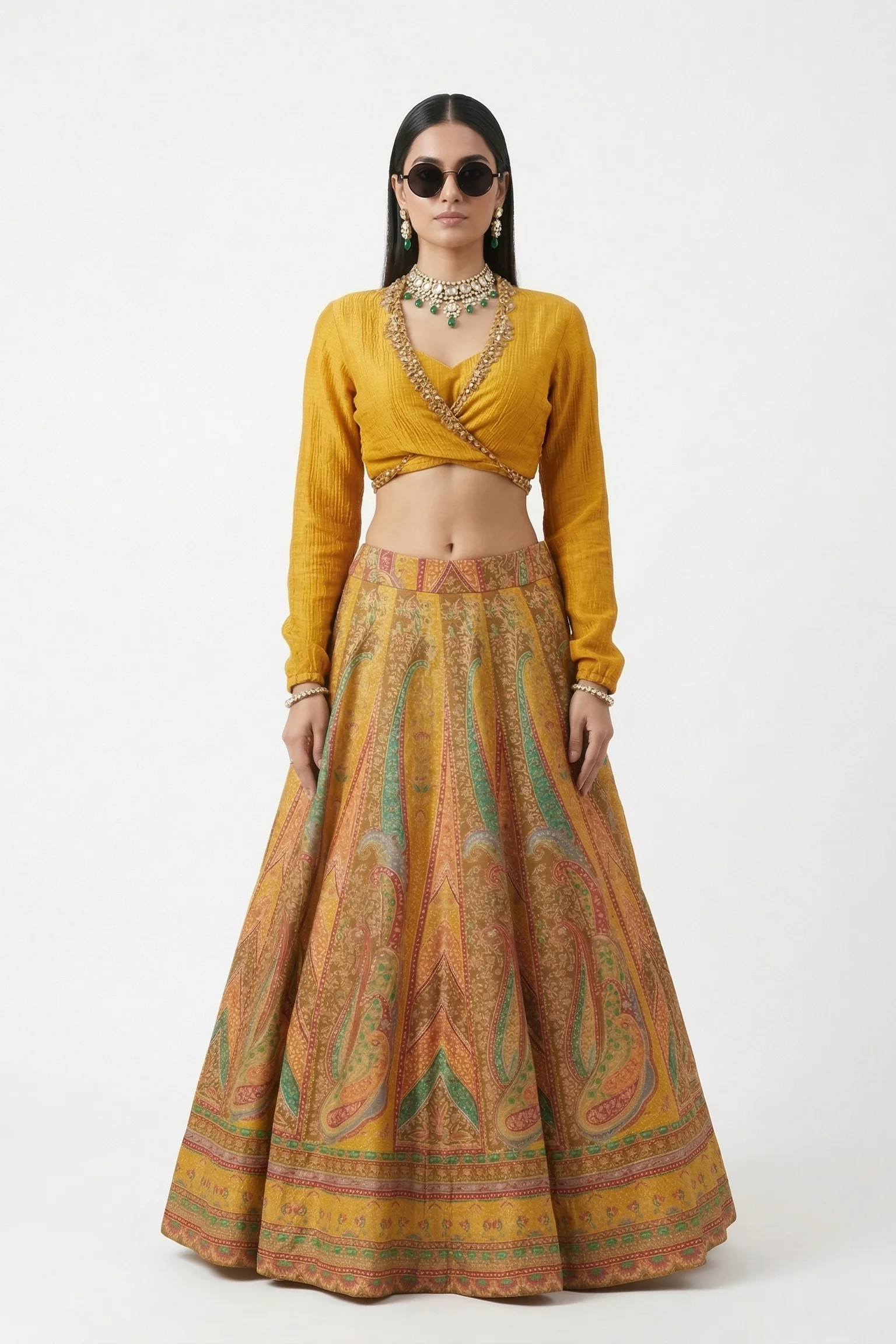 Marigold Mirage Printed Dola Silk Skirt Set