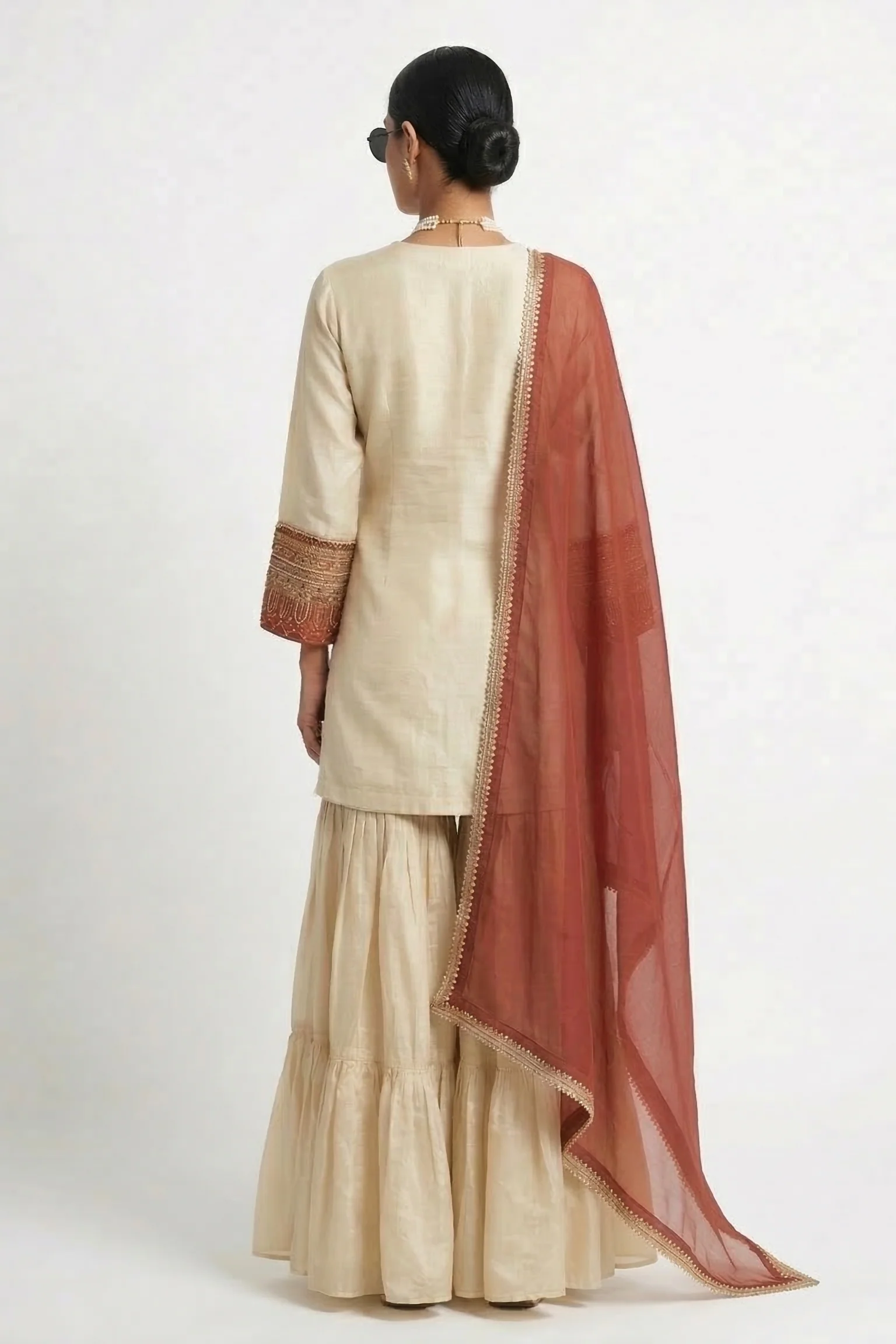 Ivory Rust Embellished Shimmer Tissue Silk Sharara Set - Image 2