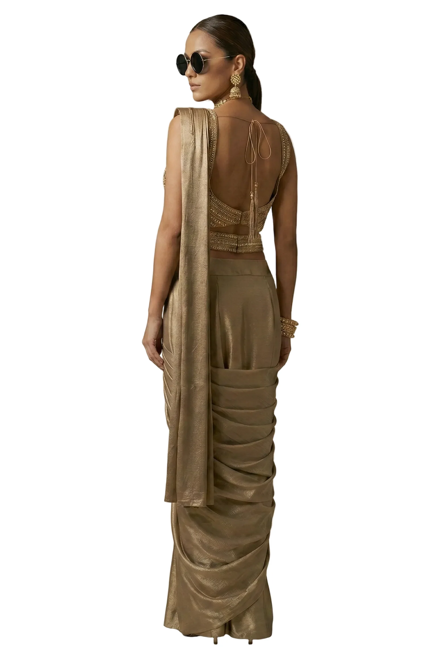 Bronze Muse Embellished Premium Silk Drapped Saree - Image 2