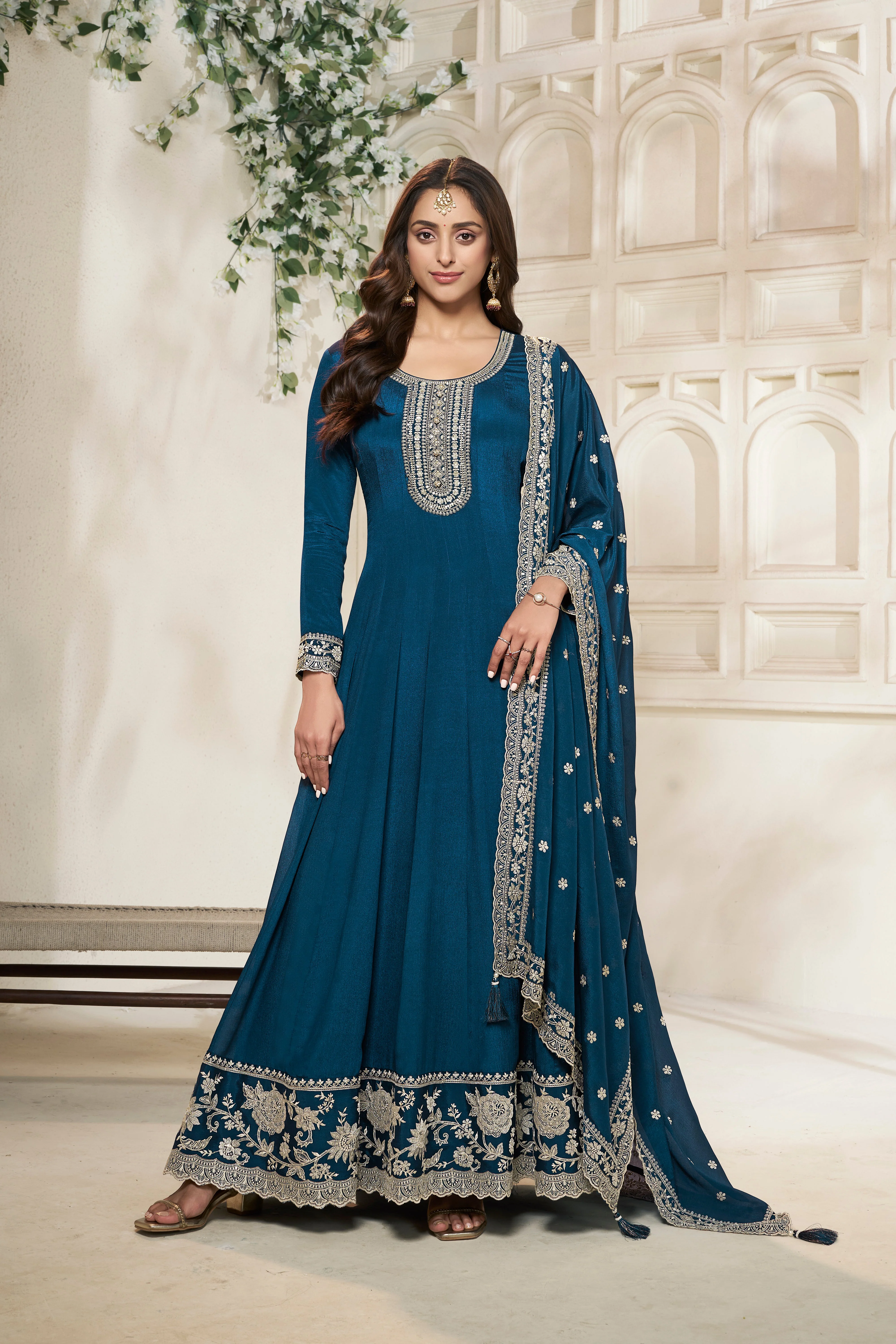 Crystal Teal Embroidered Anarkali Set