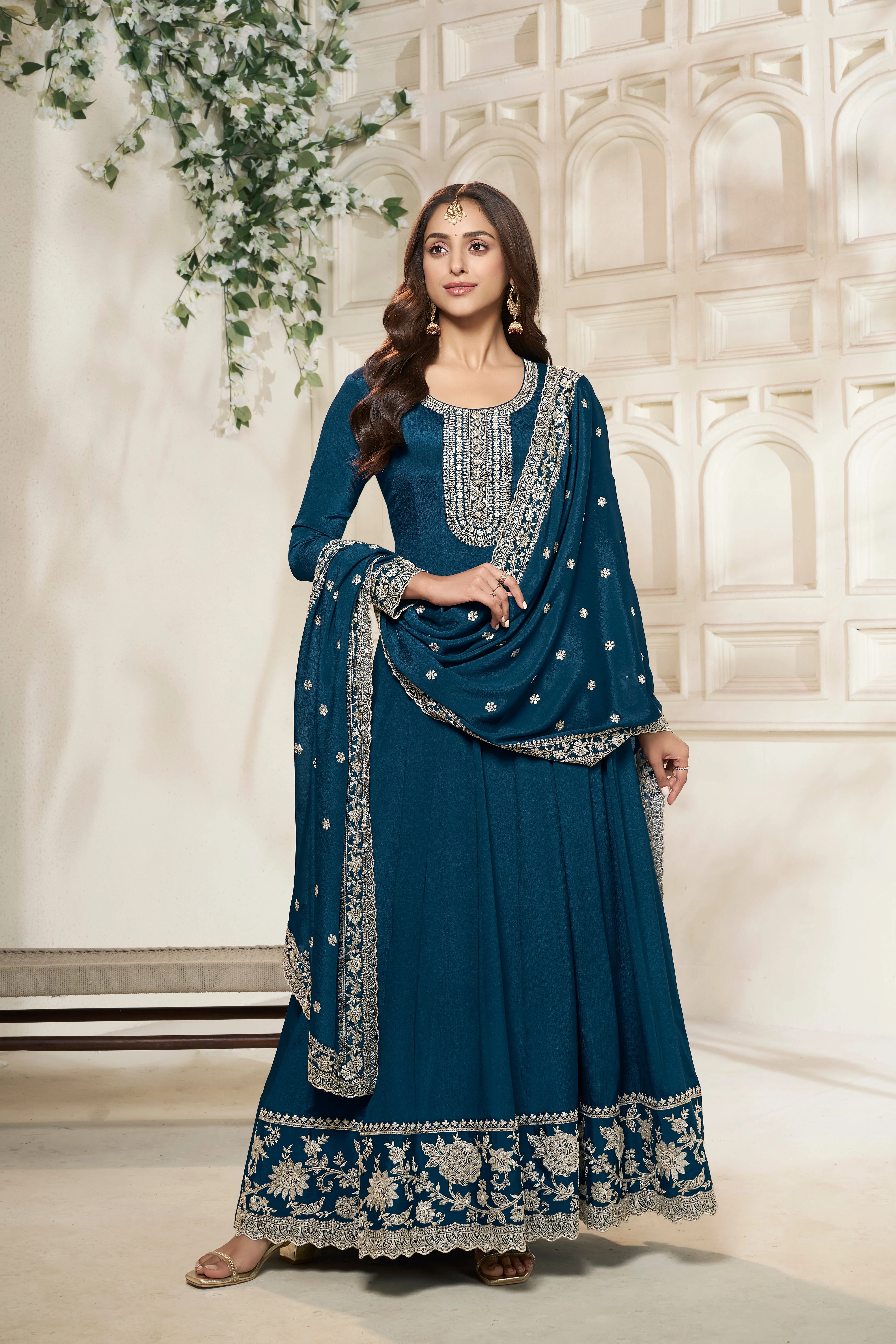 Crystal Teal Embroidered Anarkali Set - Image 3