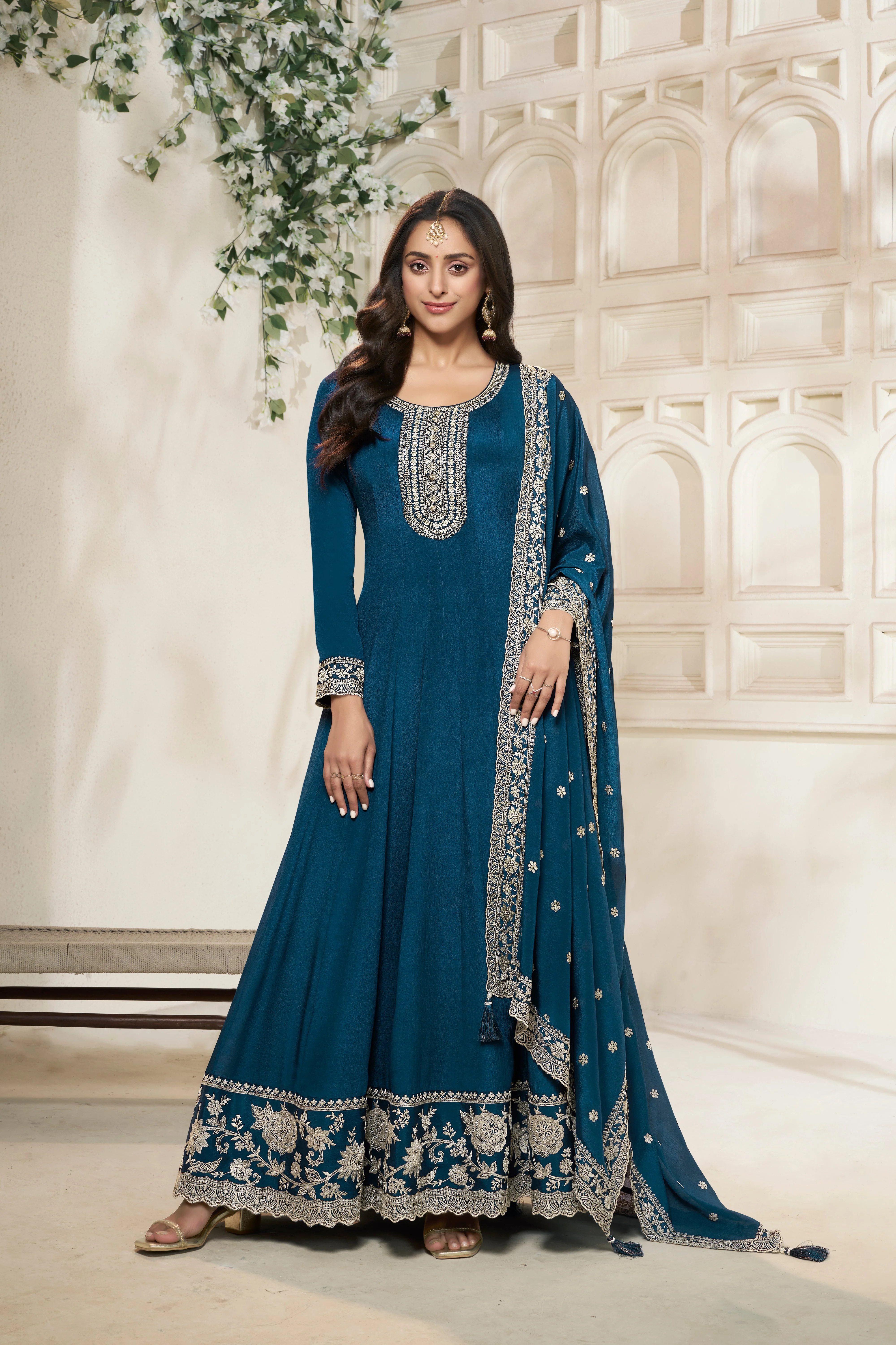 Crystal Teal Embroidered Anarkali Set - Image 7