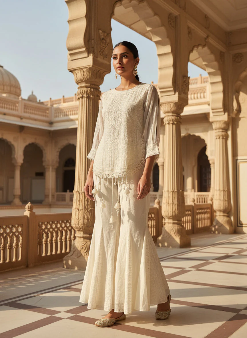 Pearl White Embroidered Chanderi Silk Co-Ord Set