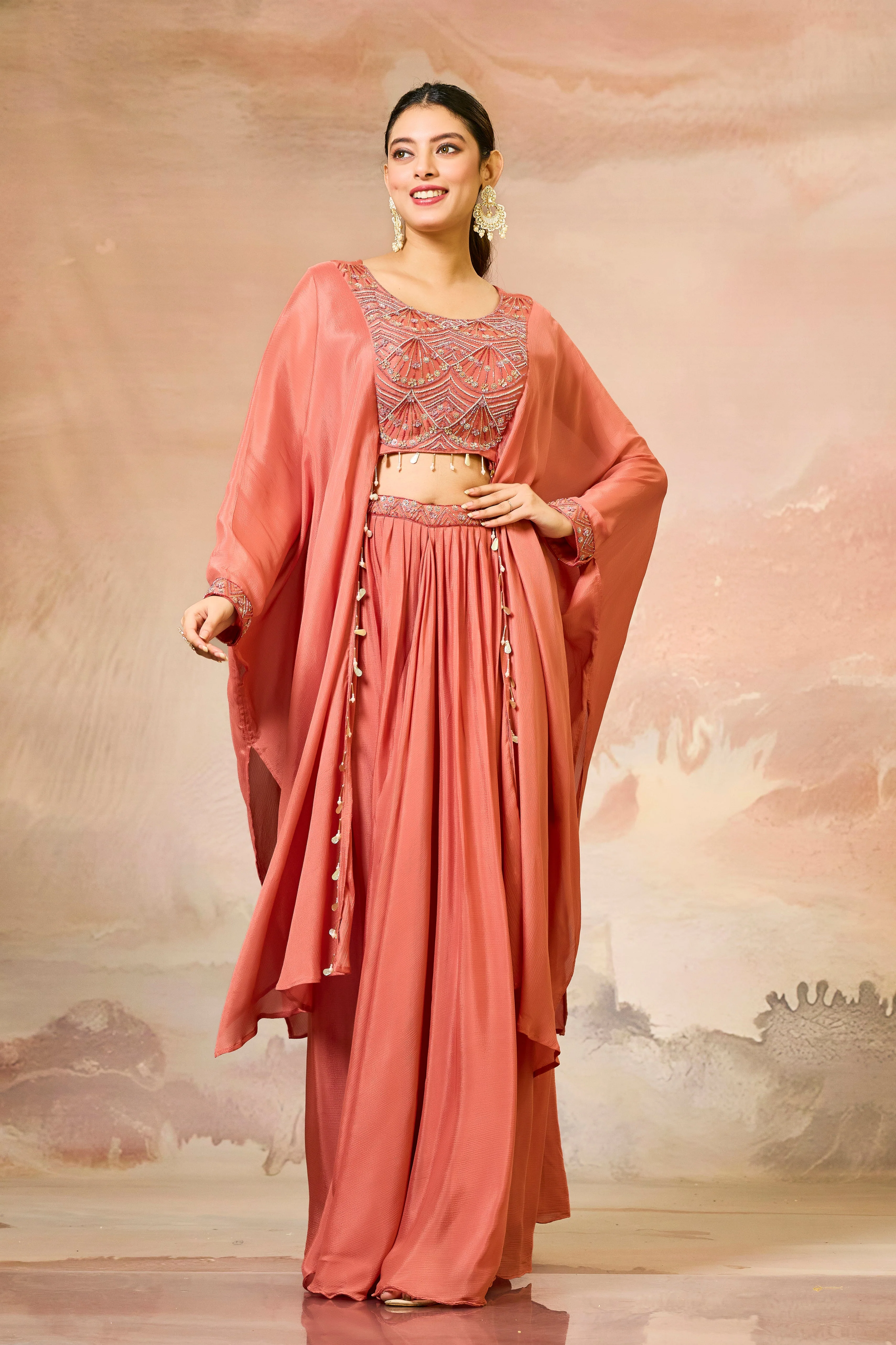 Pastel Orange Embroidered Chinon Silk Skirt Set - Image 3
