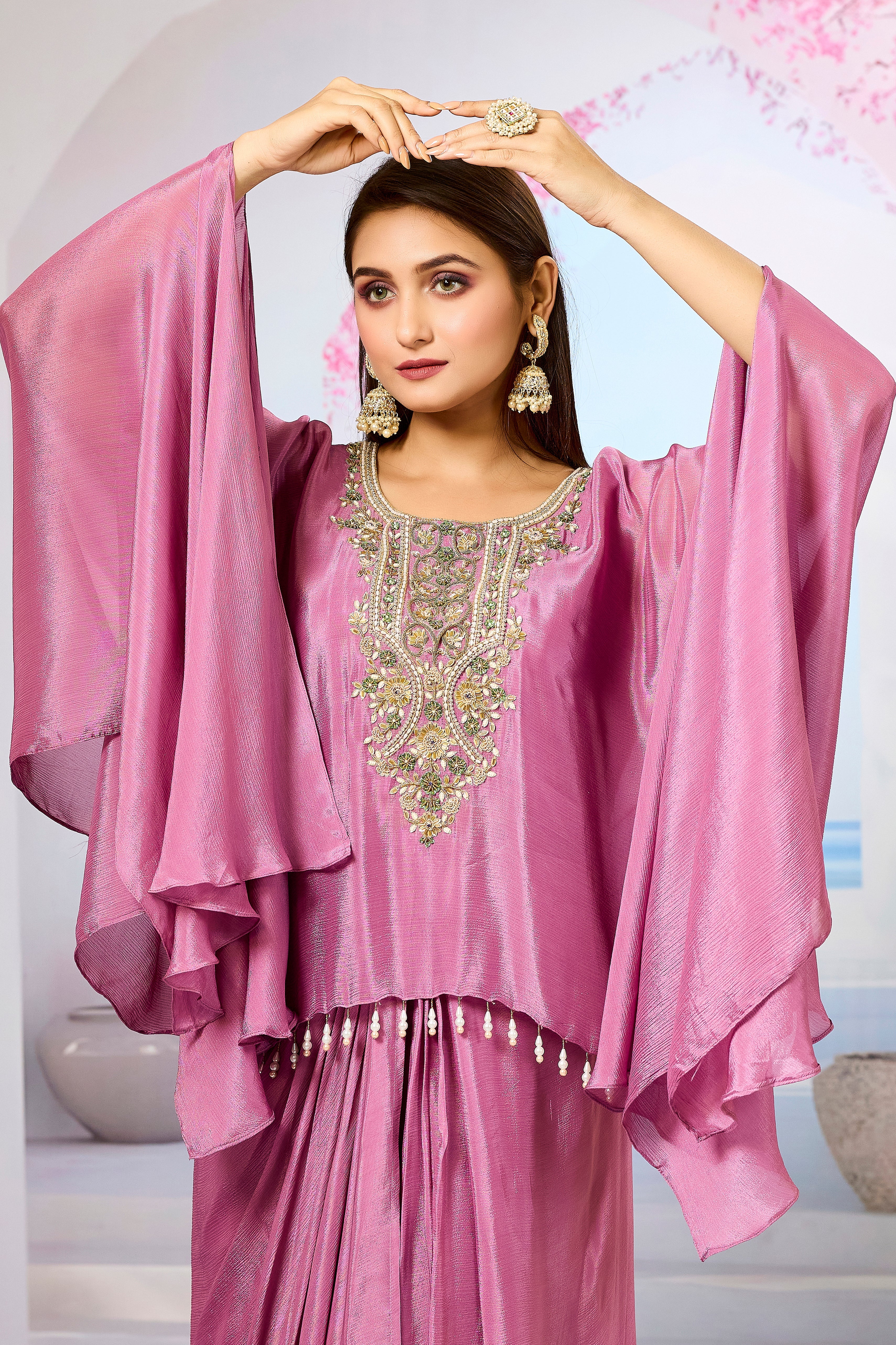 Pink Embroidered Chinon Silk Skirt Set - Image 2