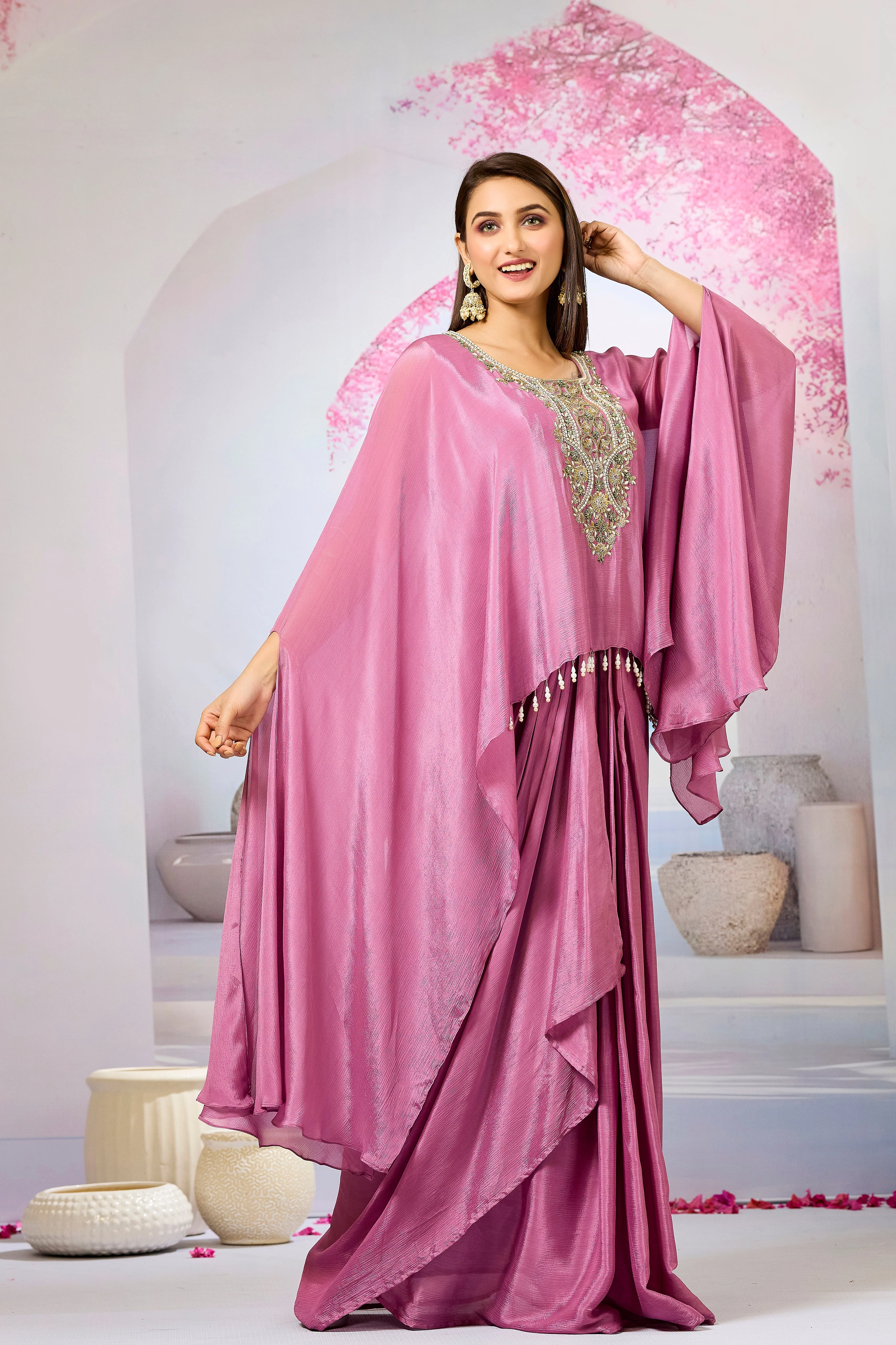 Pink Embroidered Chinon Silk Skirt Set - Image 3