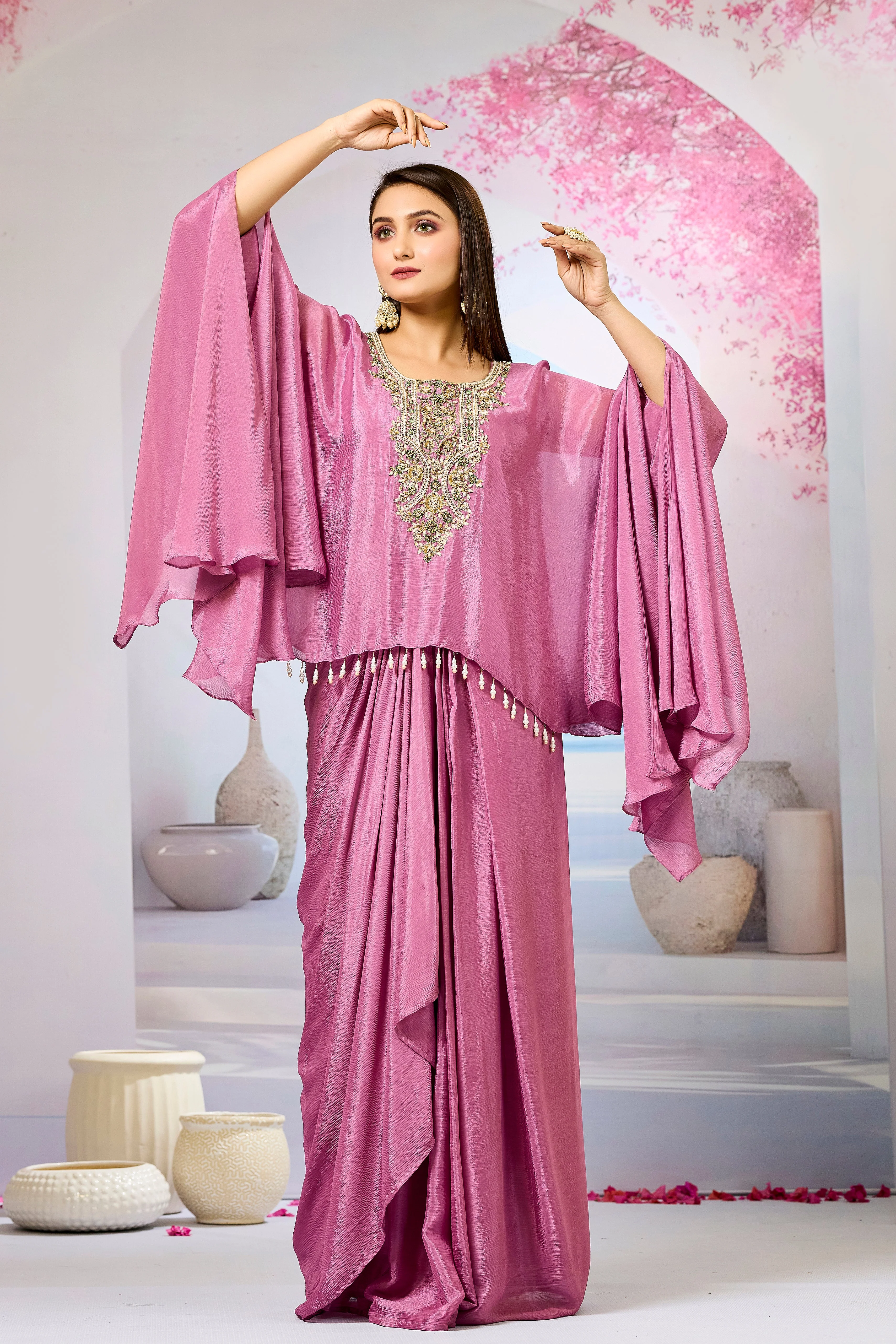 Pink Embroidered Chinon Silk Skirt Set - Image 4