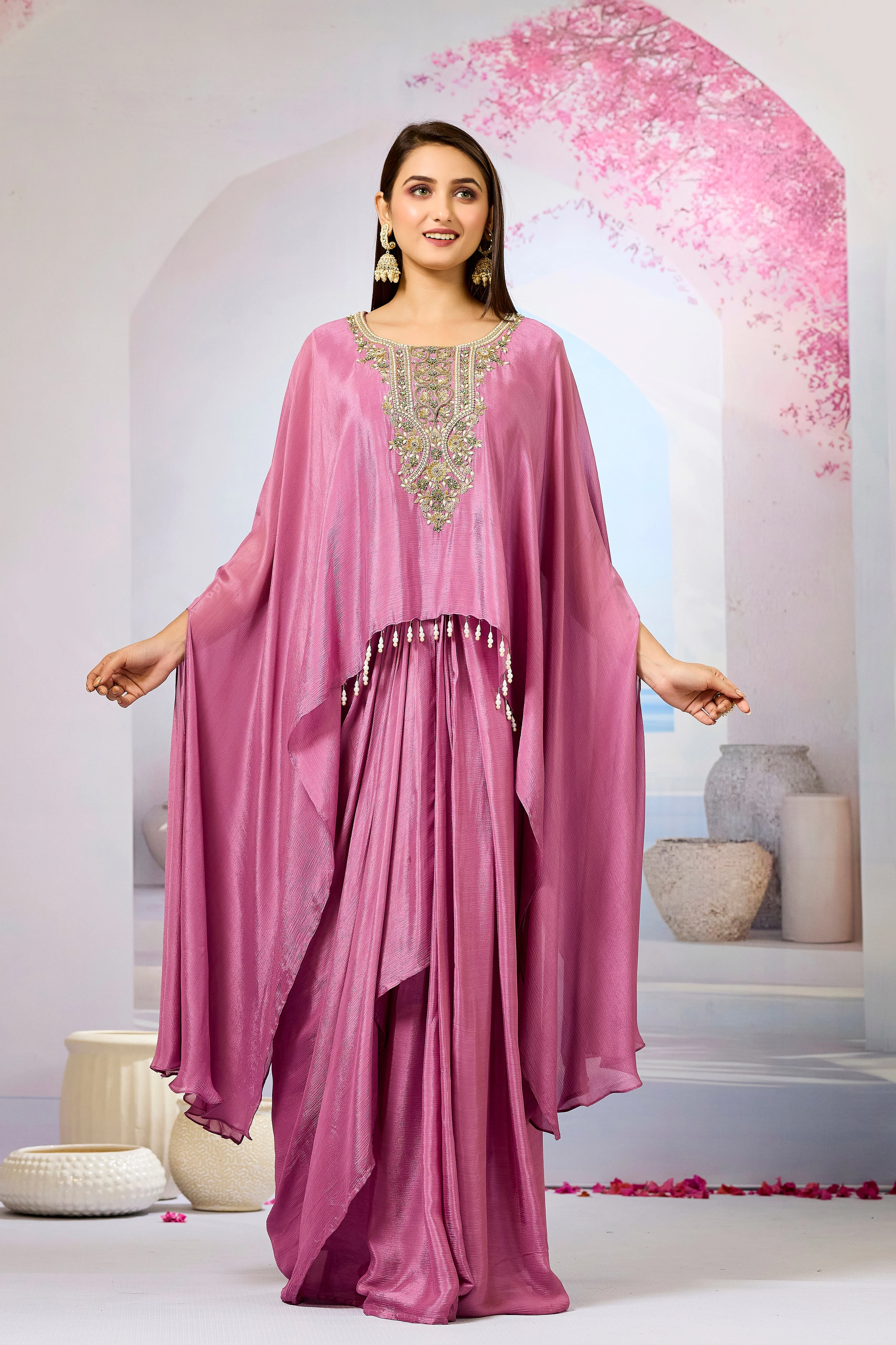 Pink Embroidered Chinon Silk Skirt Set - Image 5