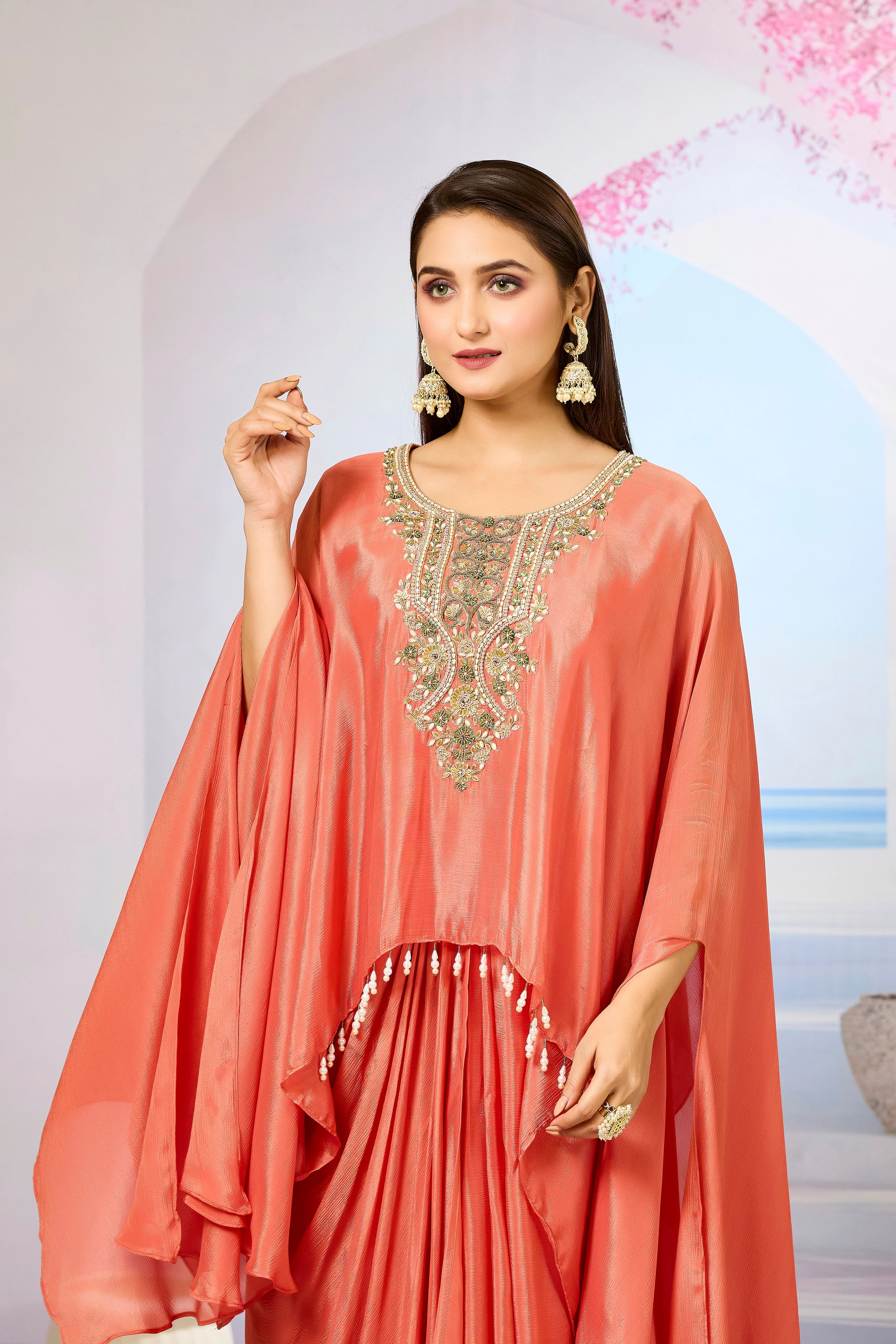 Orange Embroidered Chinon Silk Skirt Set - Image 2