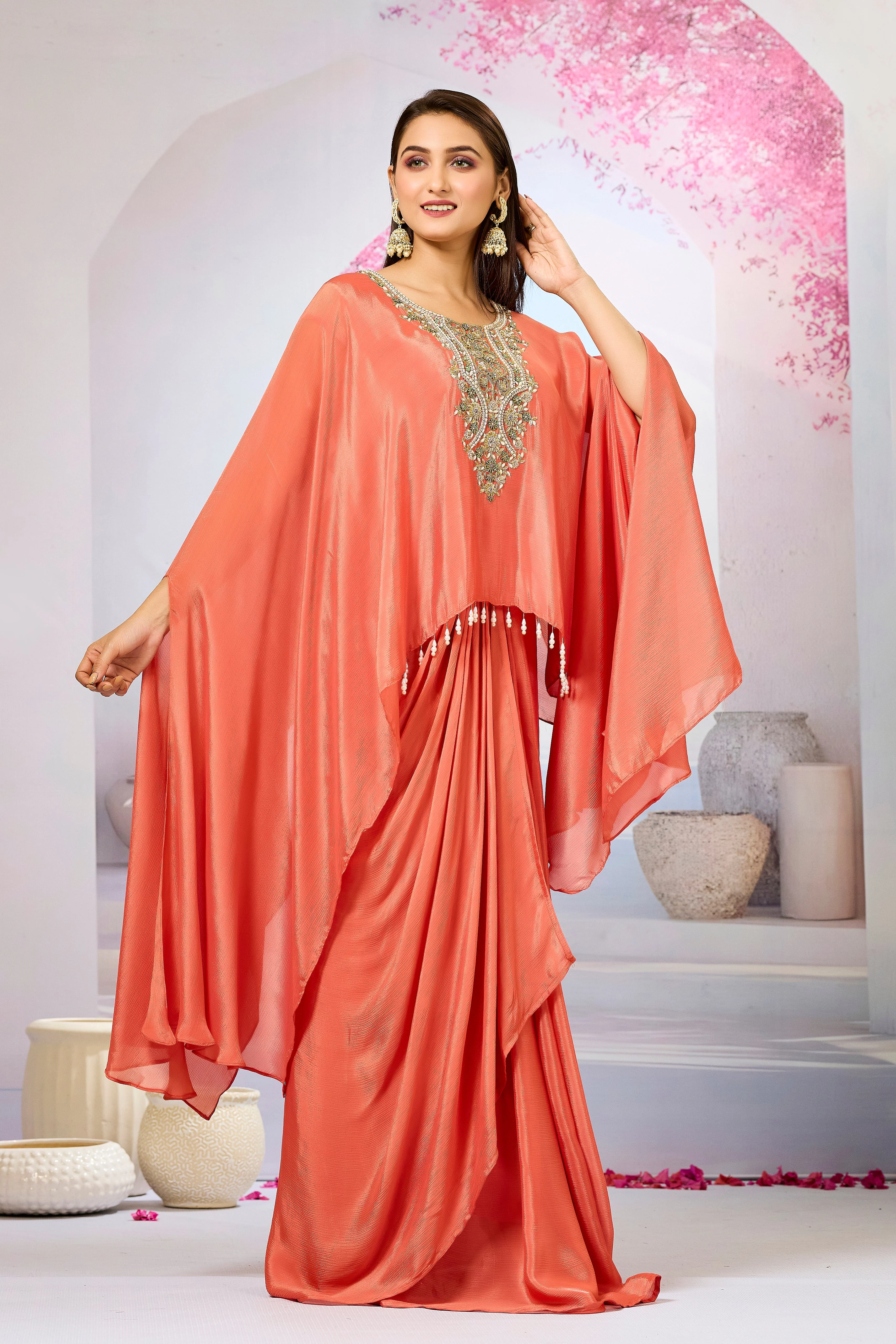 Orange Embroidered Chinon Silk Skirt Set - Image 3