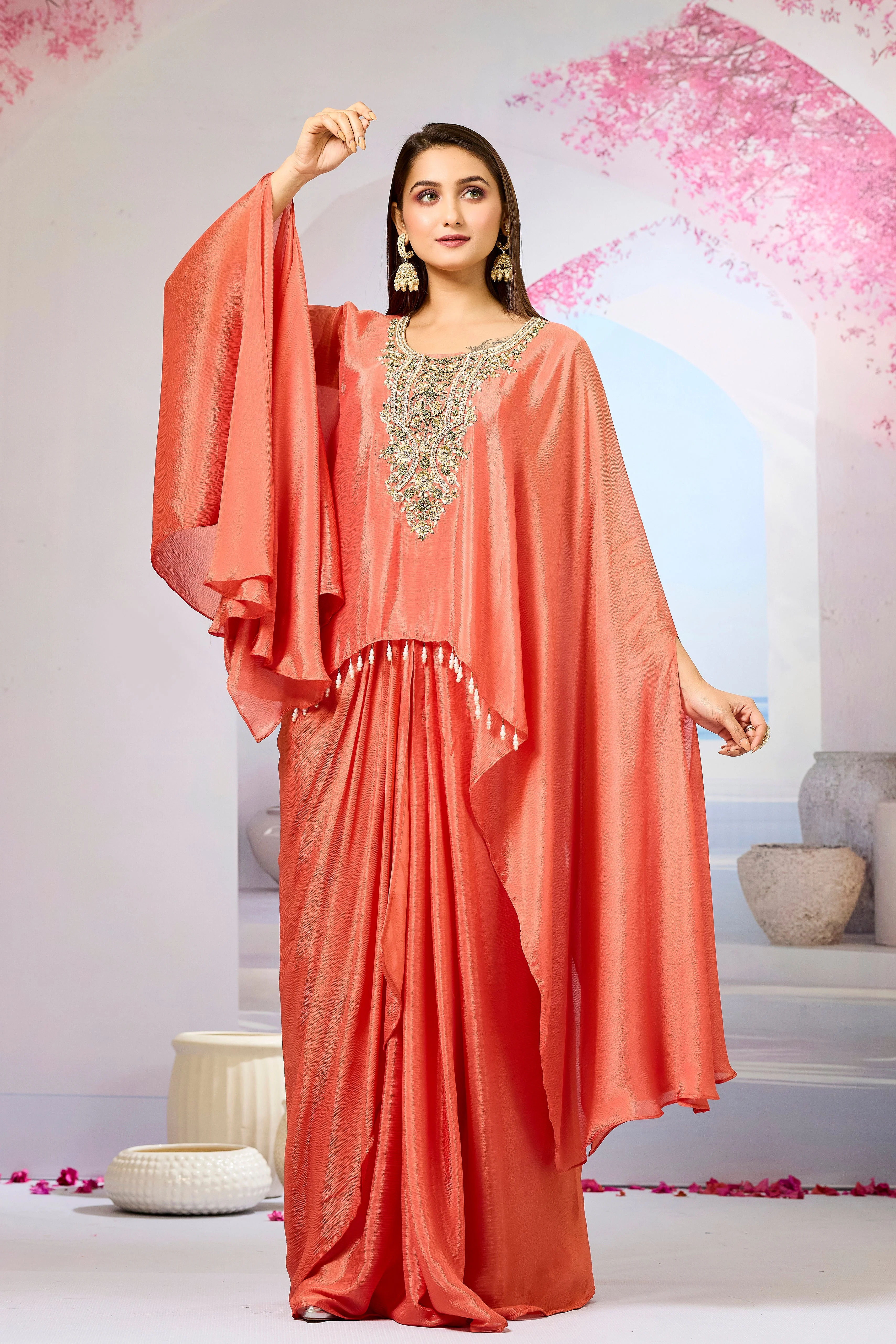 Orange Embroidered Chinon Silk Skirt Set - Image 4
