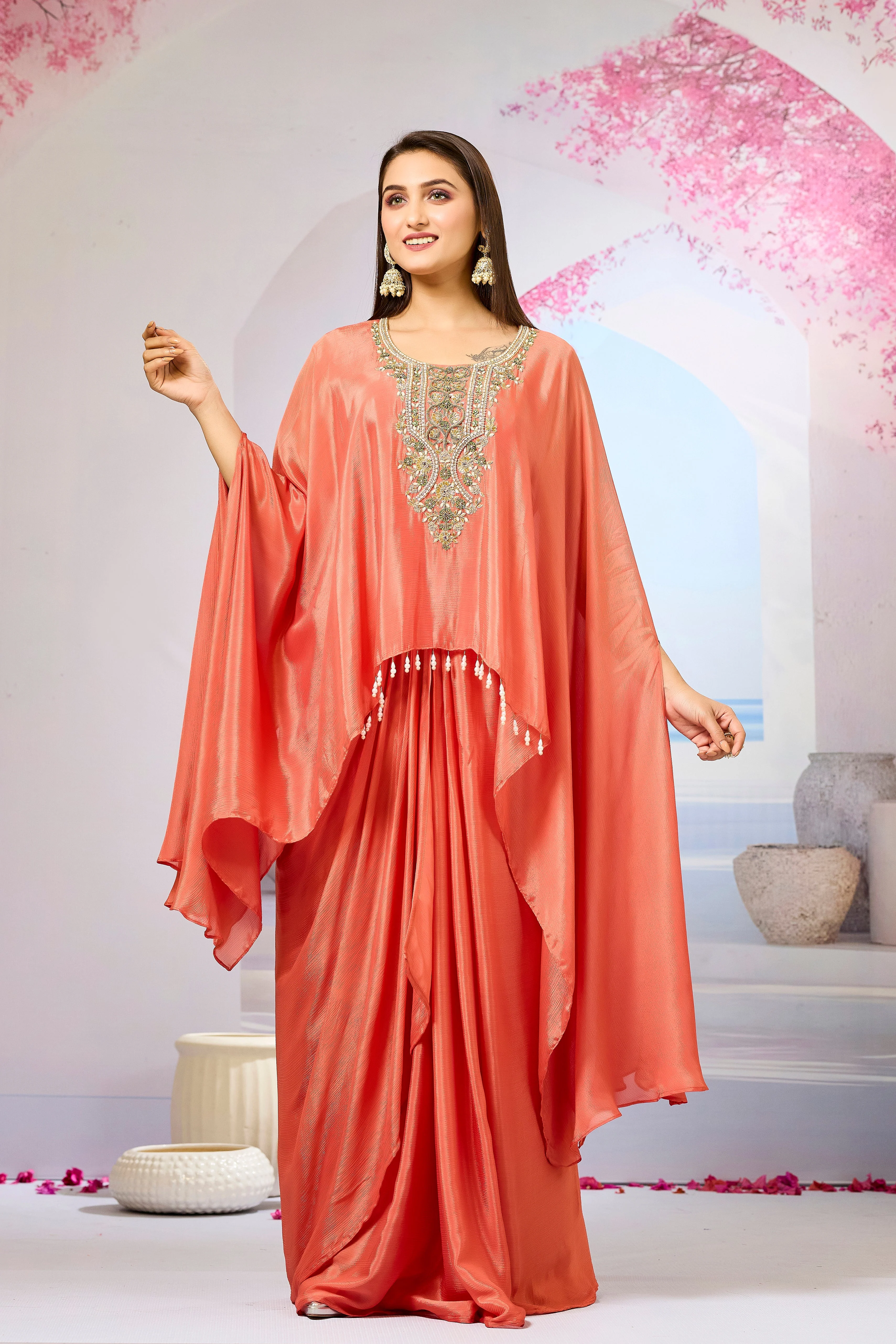 Orange Embroidered Chinon Silk Skirt Set - Image 5