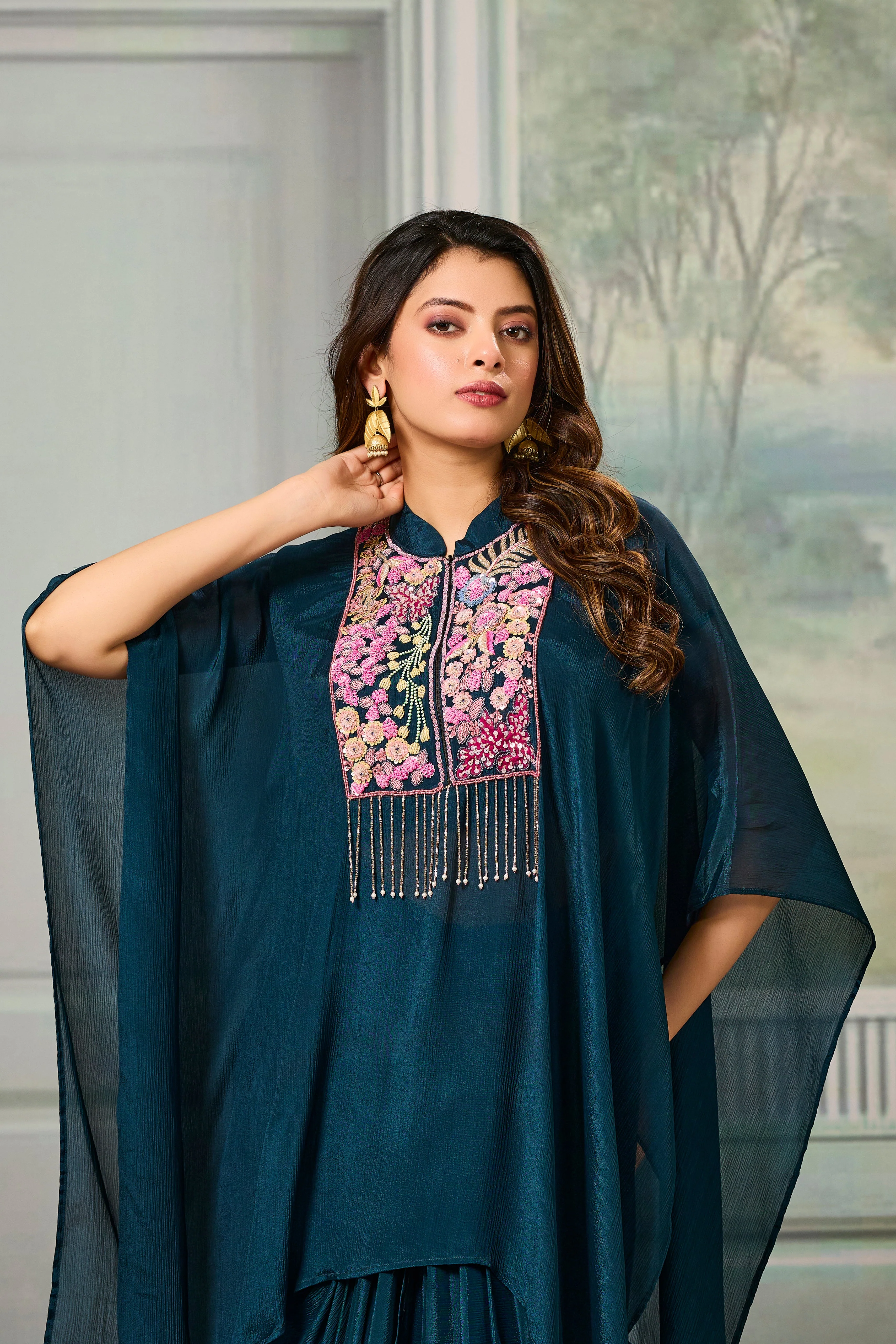 Deep Teal Embroidered Chinon Silk Skirt Set - Image 2