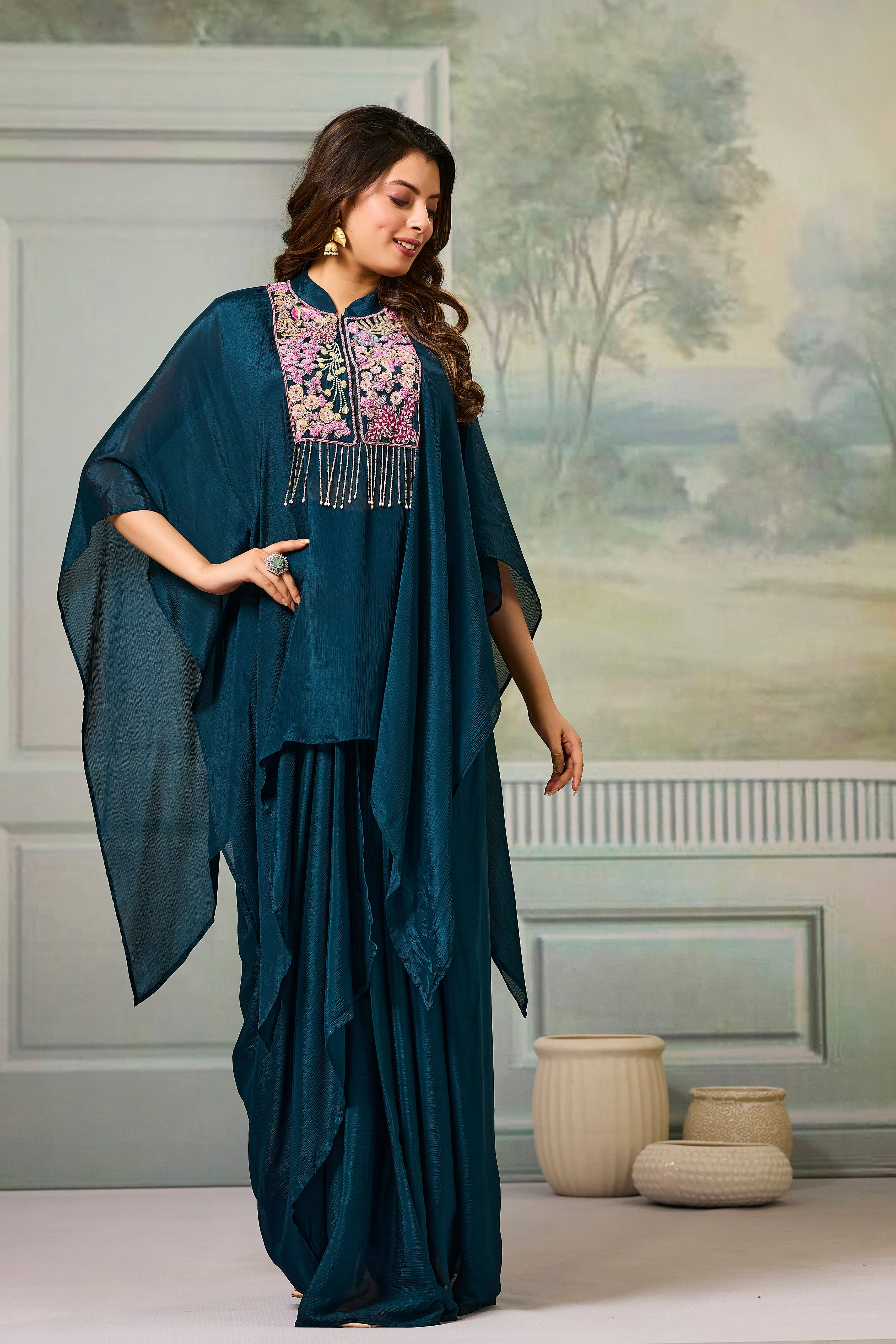 Deep Teal Embroidered Chinon Silk Skirt Set - Image 3