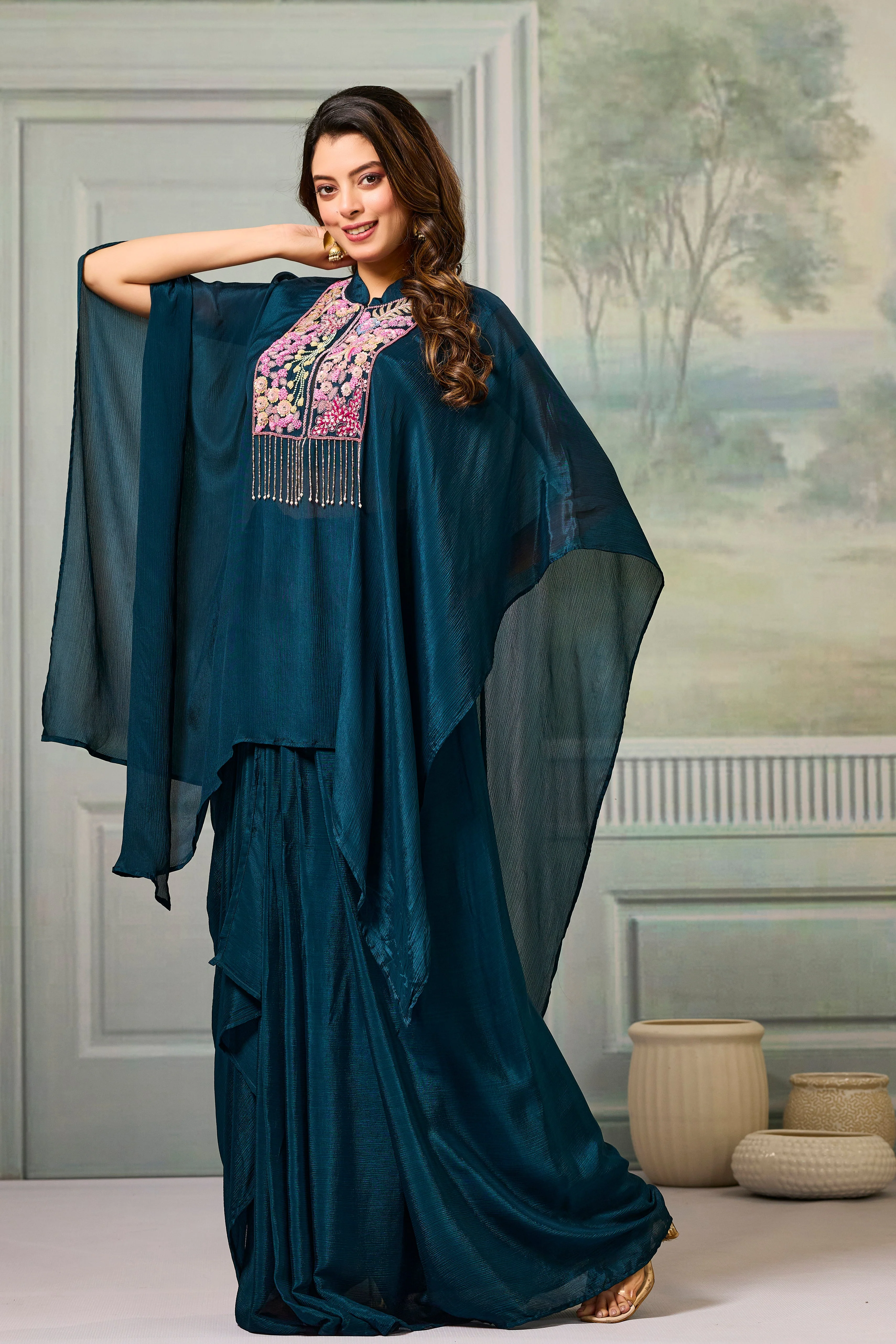 Deep Teal Embroidered Chinon Silk Skirt Set - Image 4