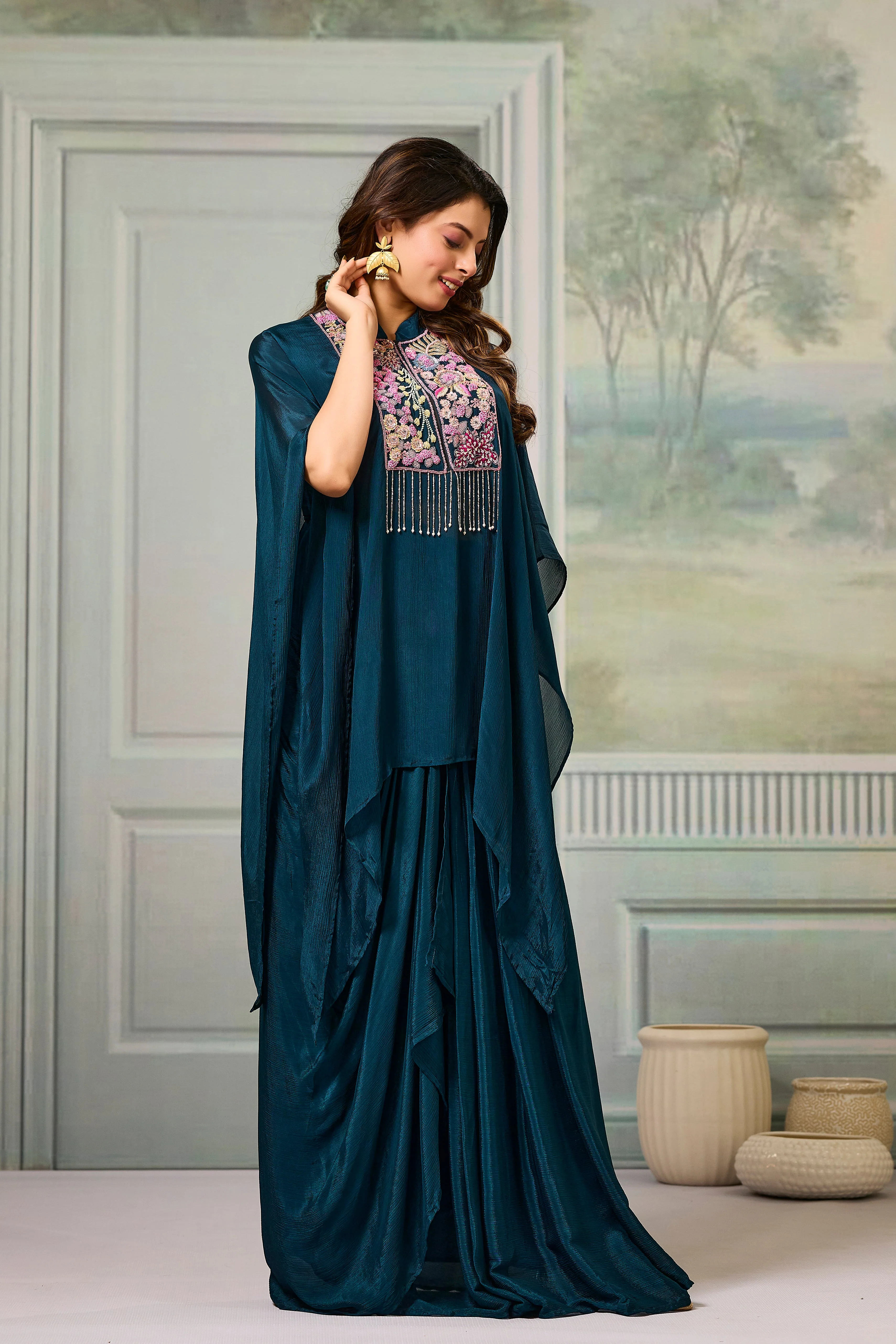 Deep Teal Embroidered Chinon Silk Skirt Set - Image 5