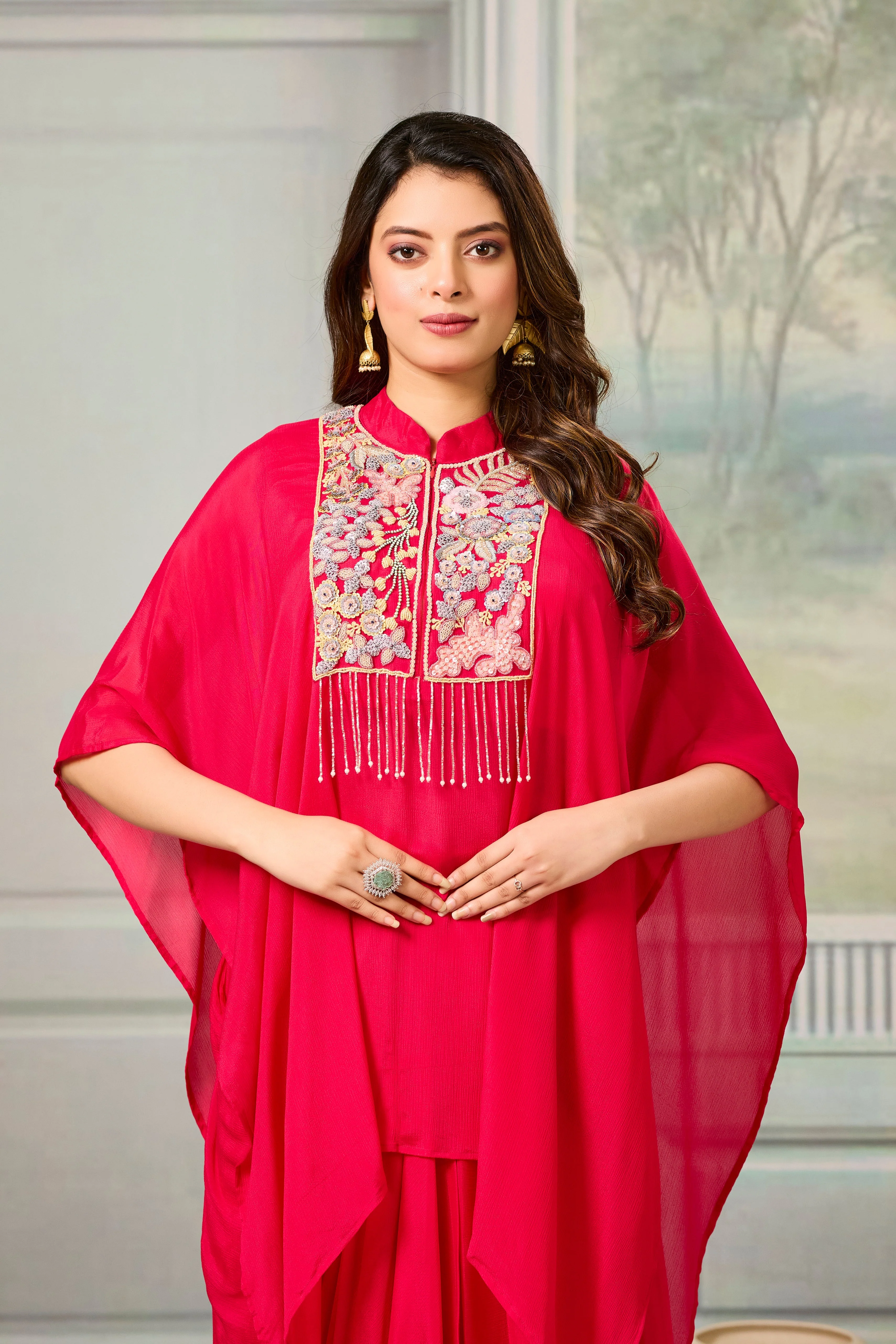Red Embroidered Chinon Silk Skirt Set - Image 2