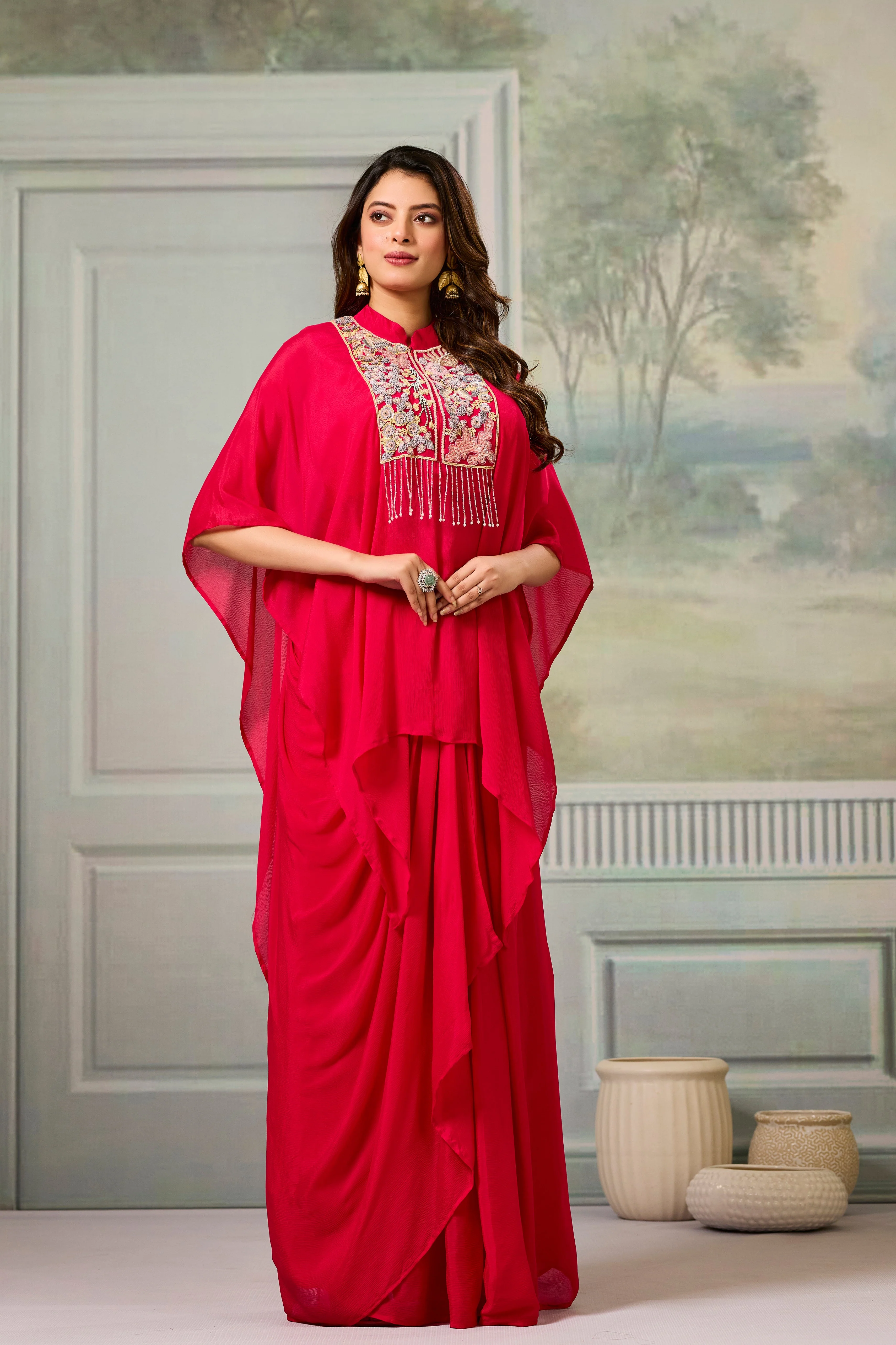 Red Embroidered Chinon Silk Skirt Set - Image 3