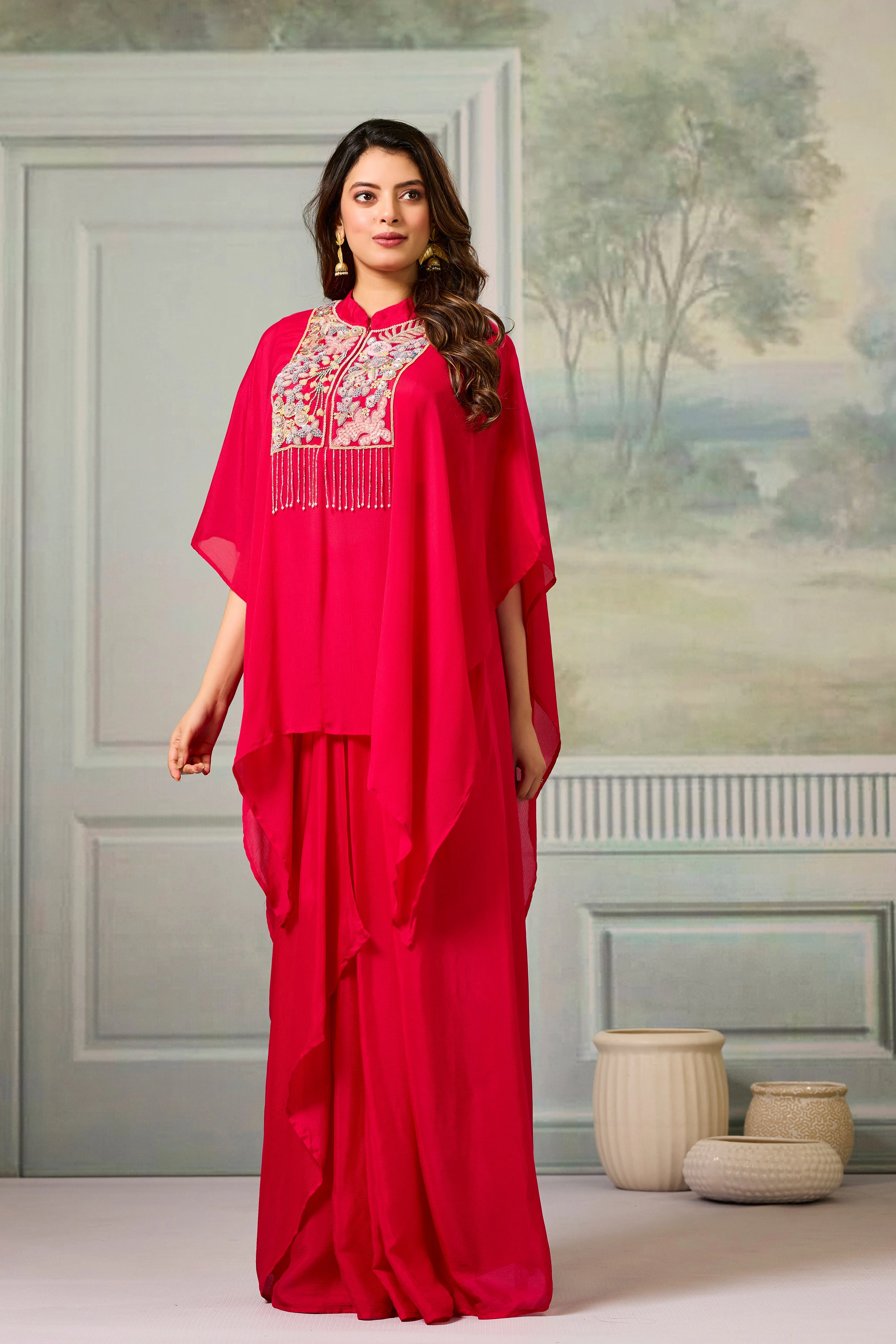 Red Embroidered Chinon Silk Skirt Set - Image 4