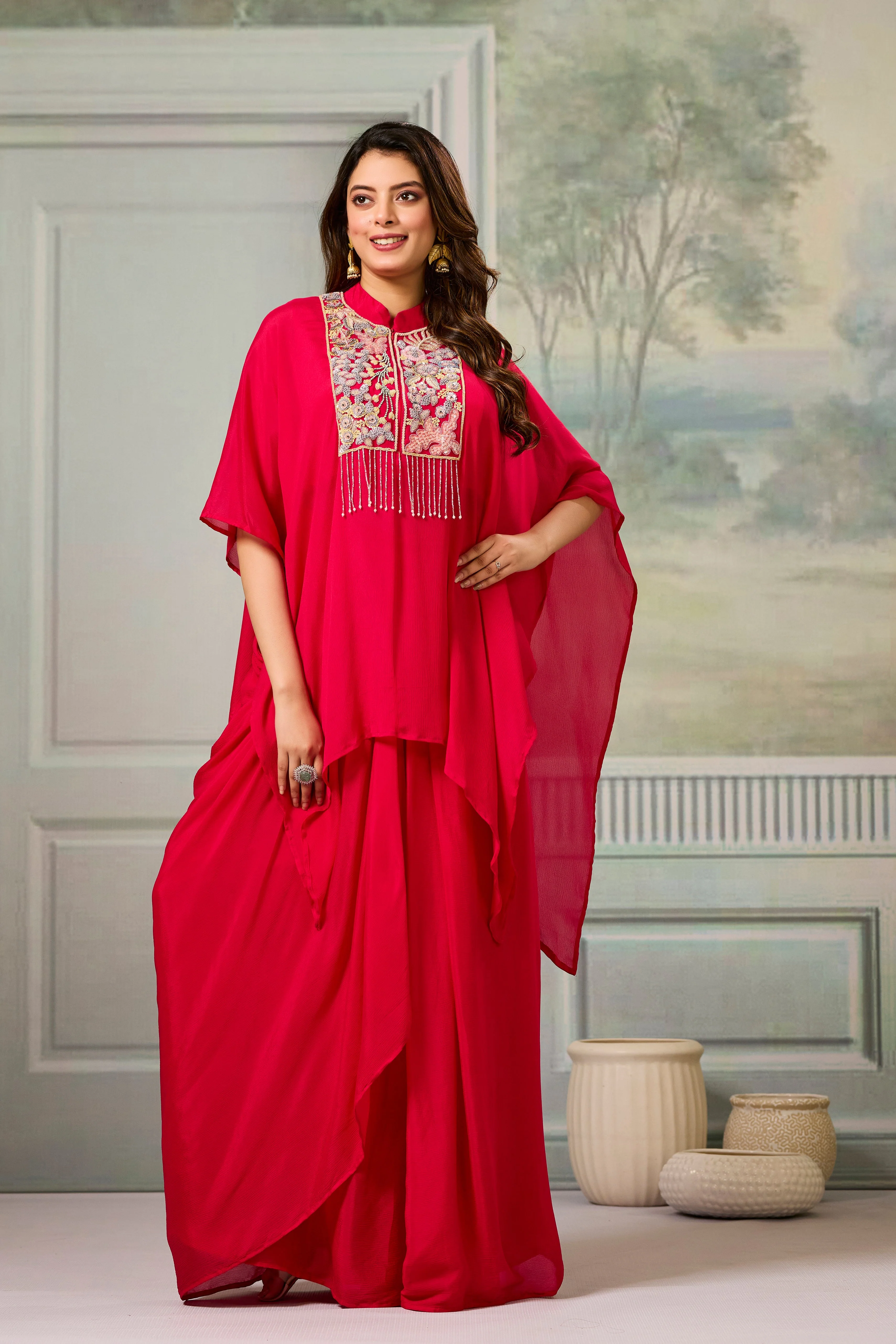 Red Embroidered Chinon Silk Skirt Set - Image 5