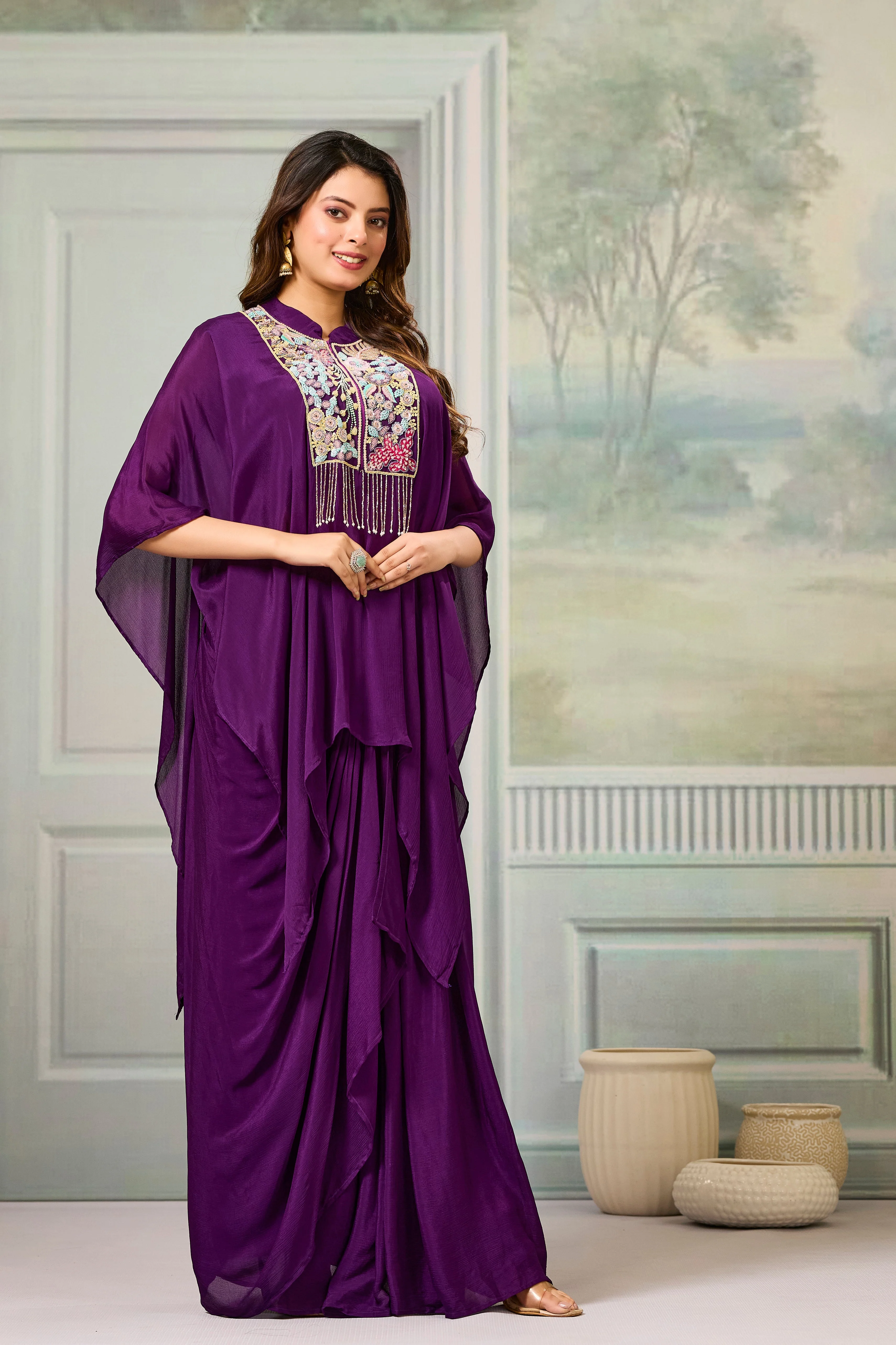 Purple Embroidered Chinon Silk Skirt Set - Image 3