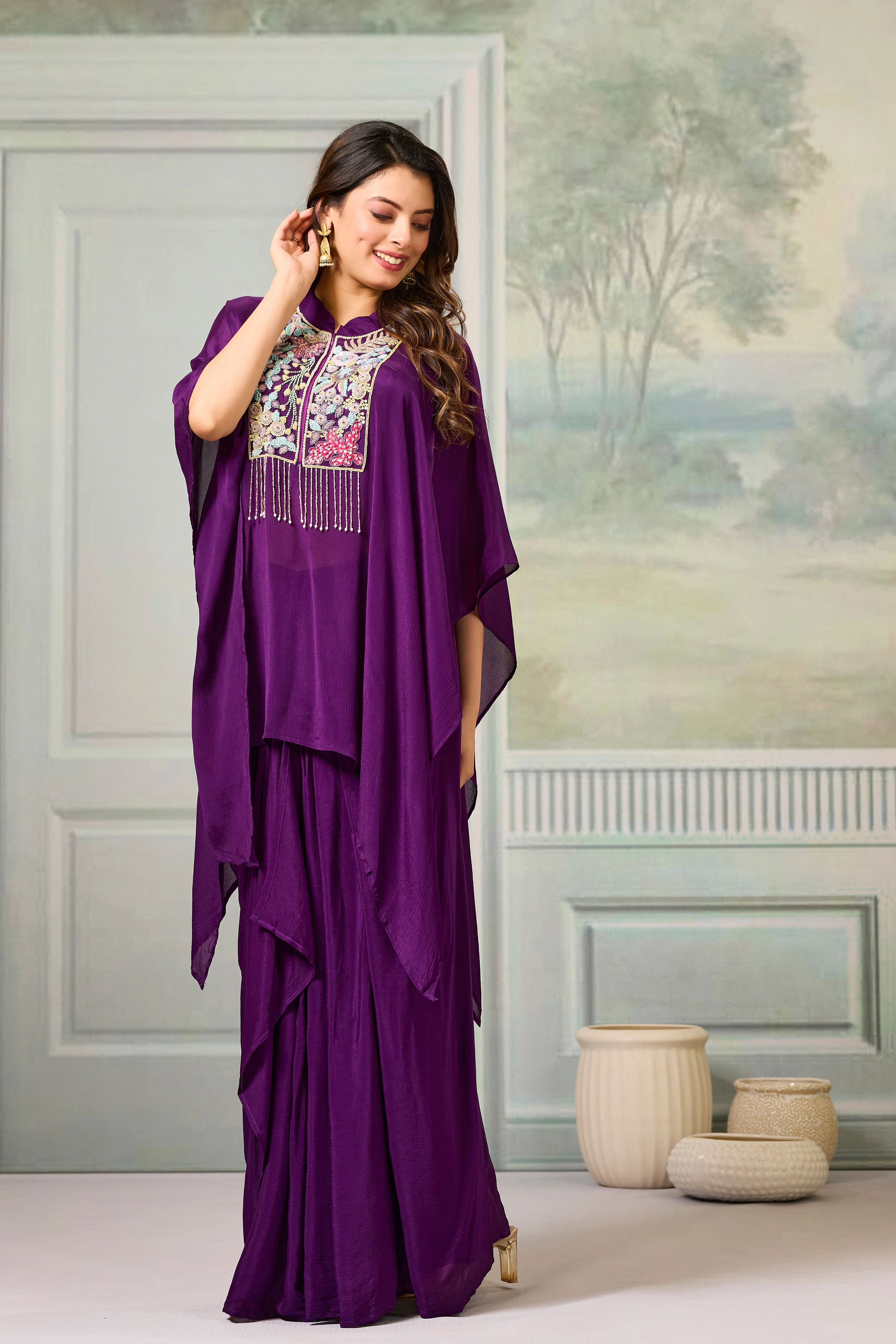 Purple Embroidered Chinon Silk Skirt Set - Image 4