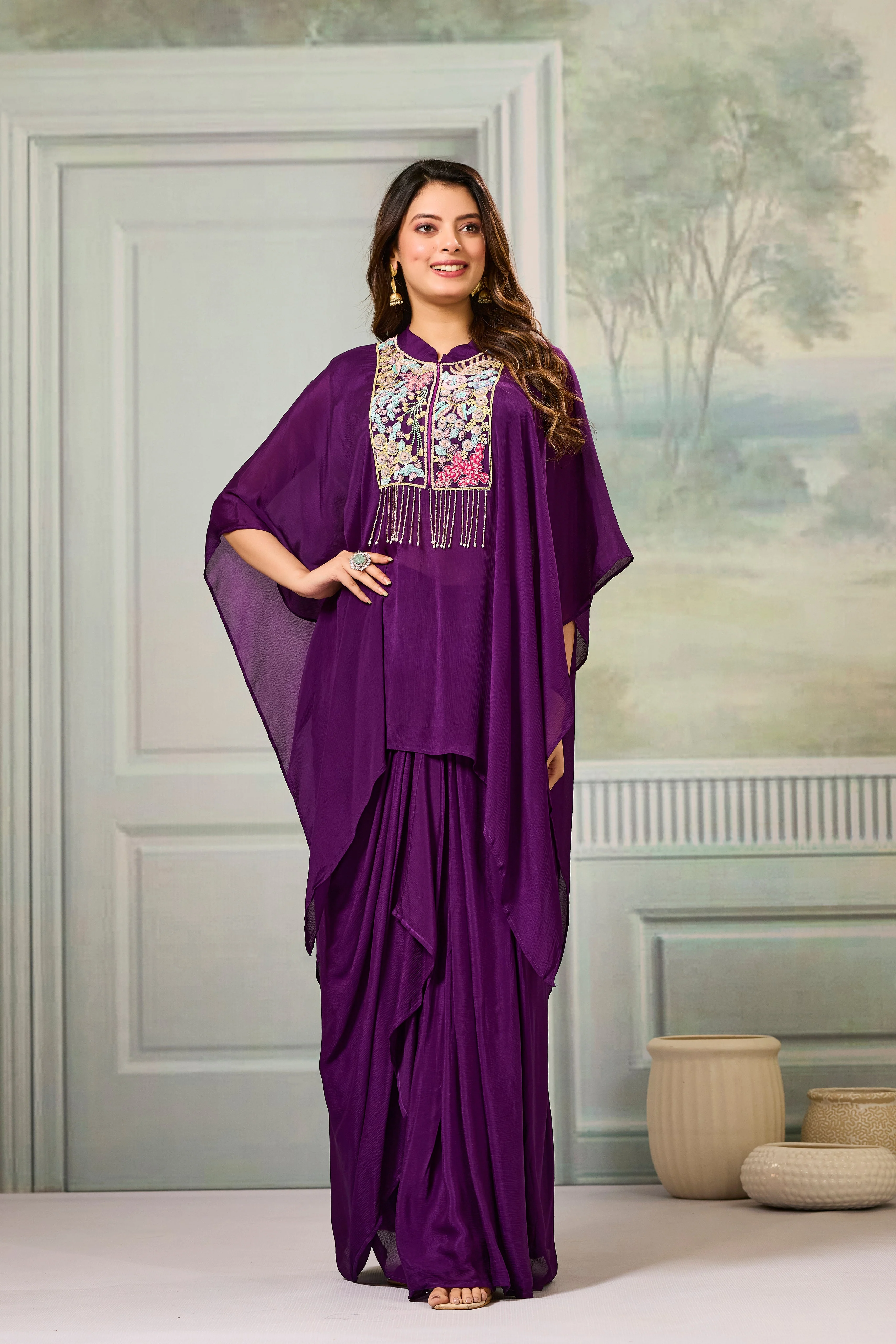 Purple Embroidered Chinon Silk Skirt Set - Image 5