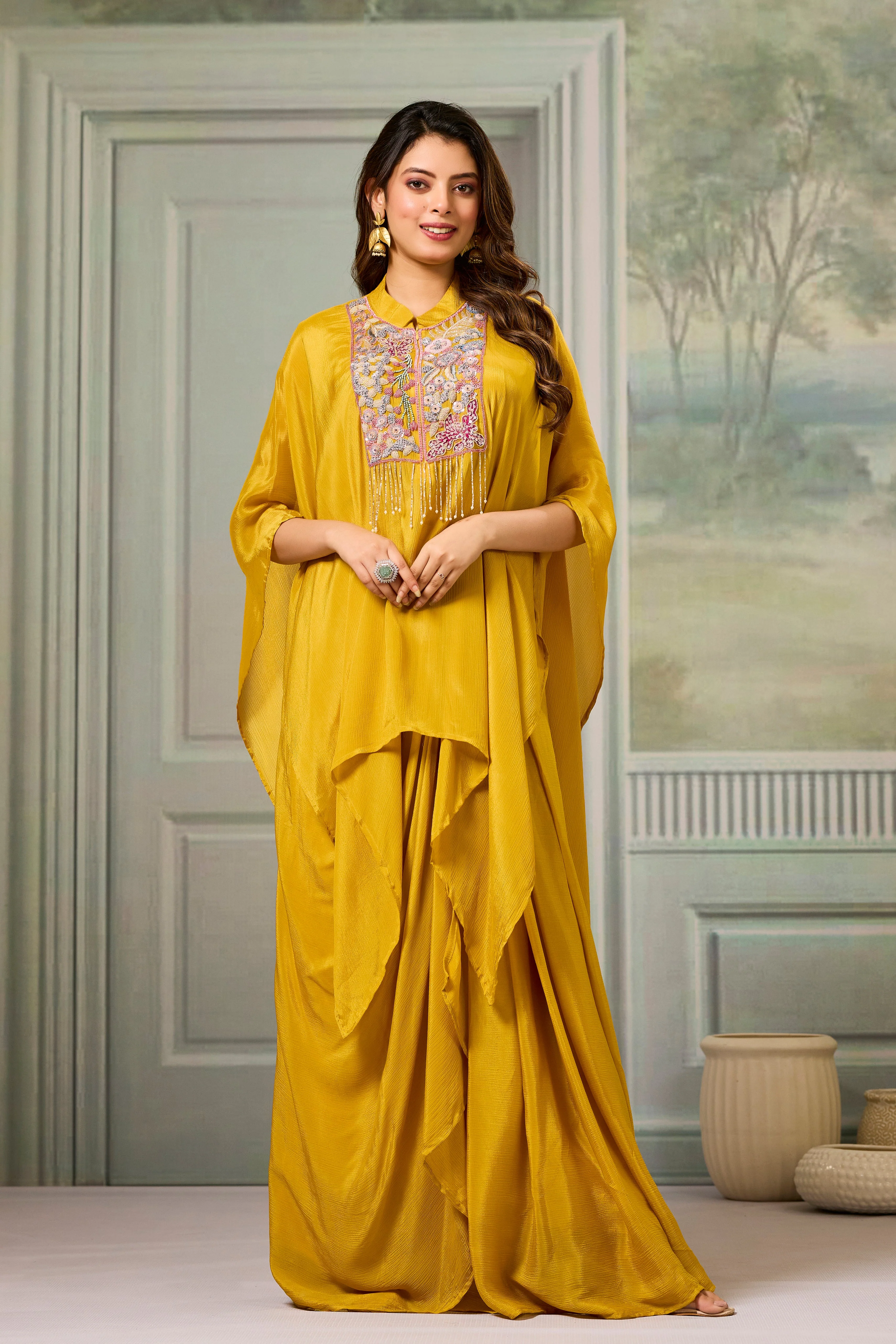 Yellow Embroidered Chinon Silk Skirt Set