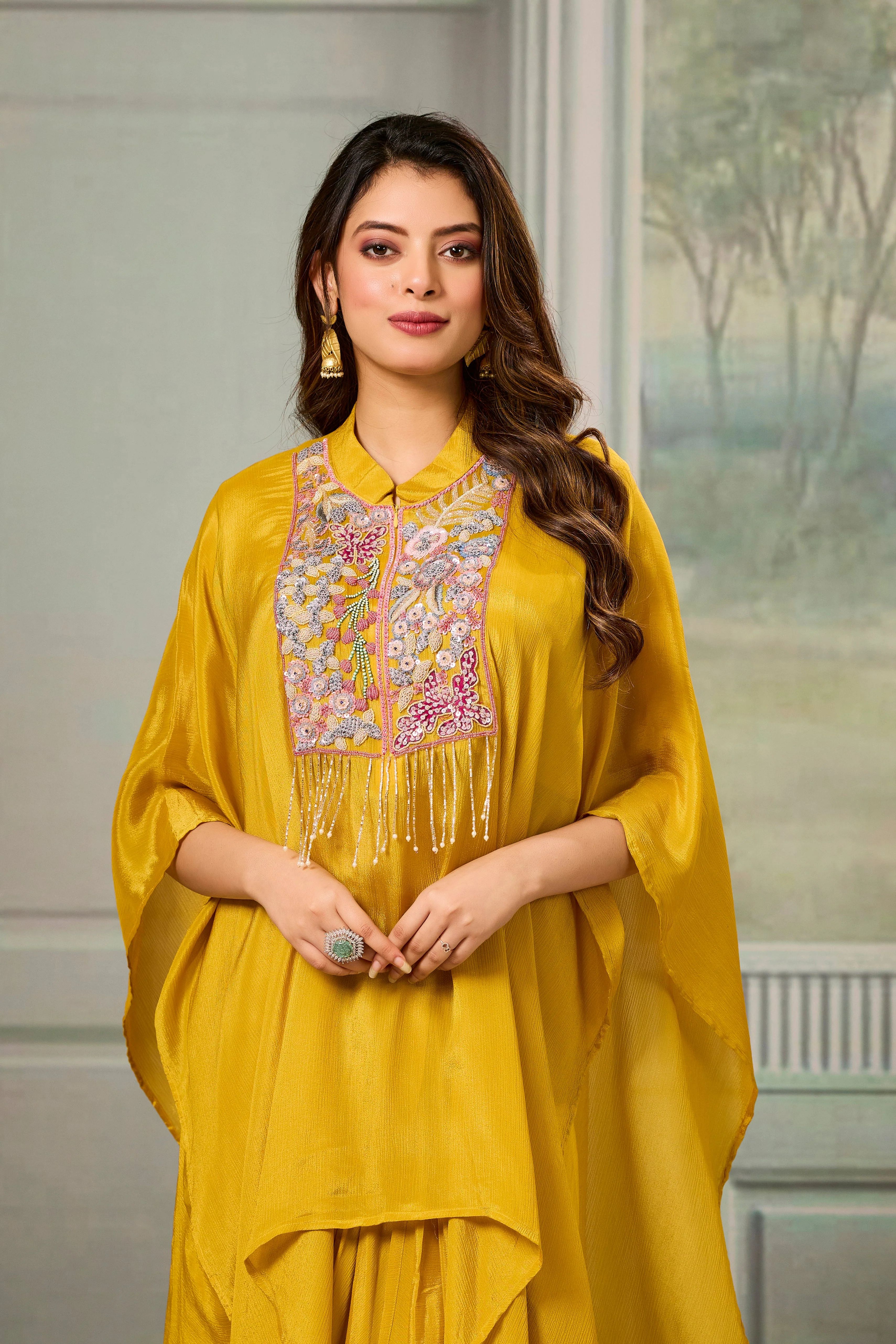 Yellow Embroidered Chinon Silk Skirt Set - Image 2