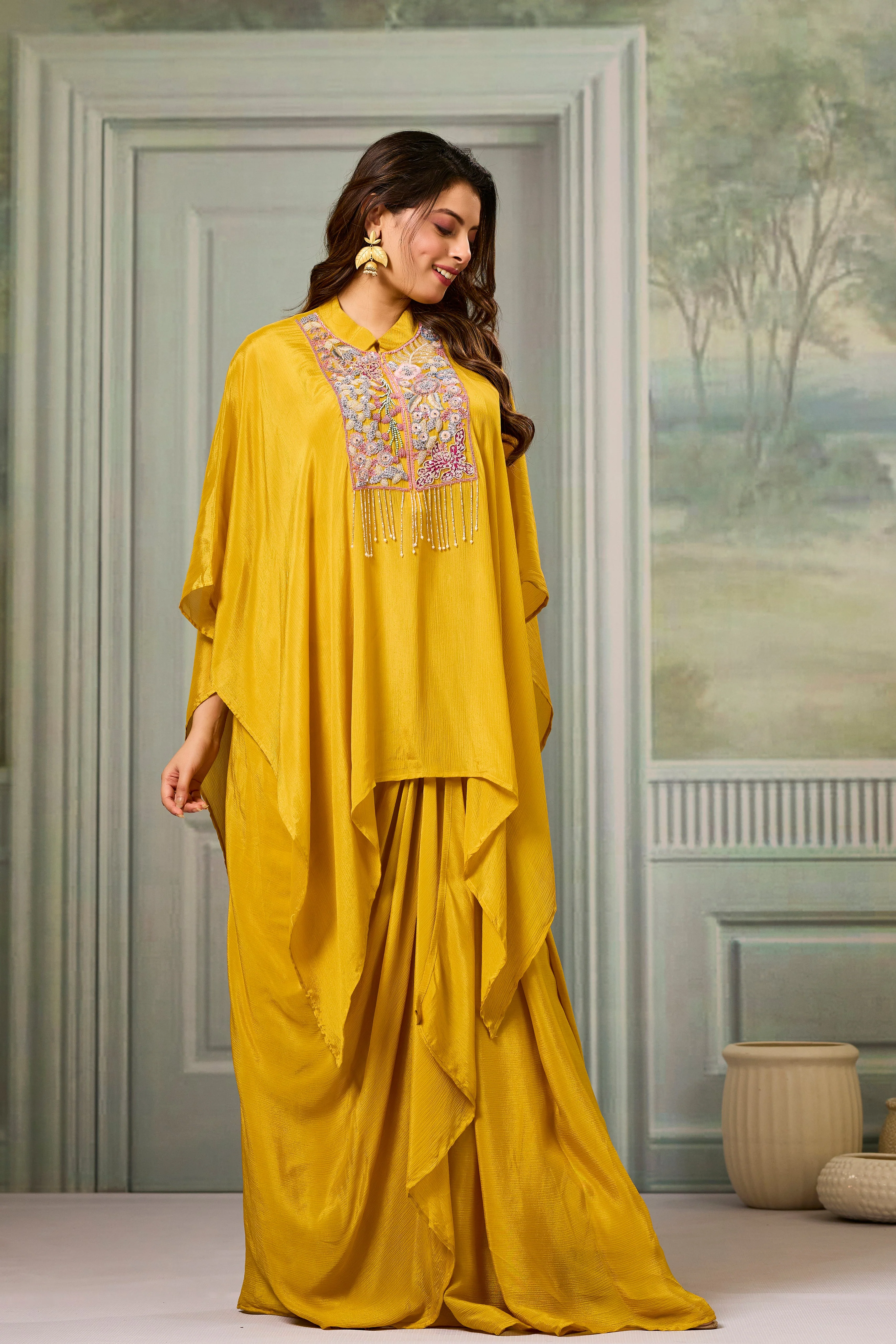 Yellow Embroidered Chinon Silk Skirt Set - Image 3