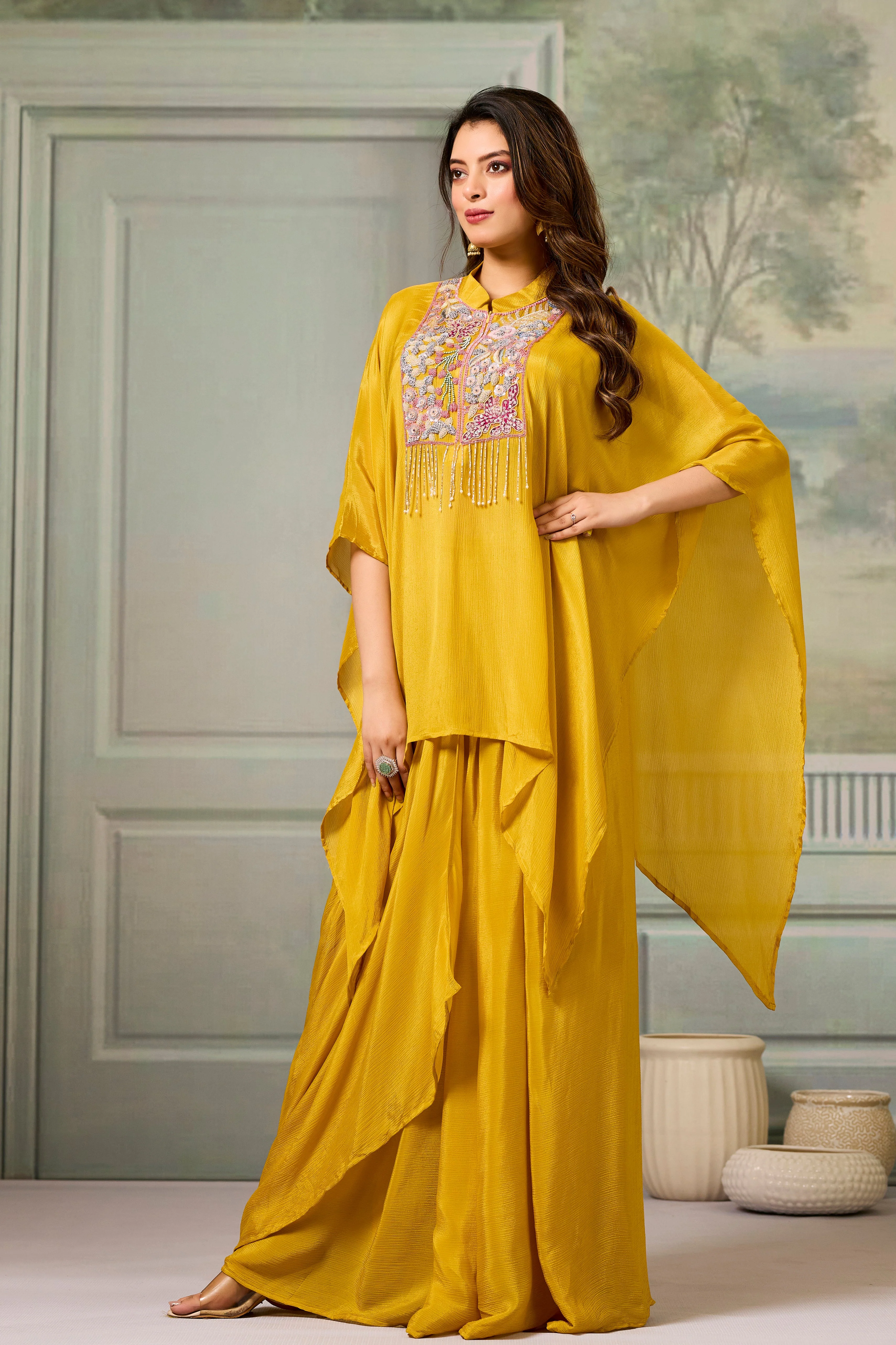 Yellow Embroidered Chinon Silk Skirt Set - Image 4