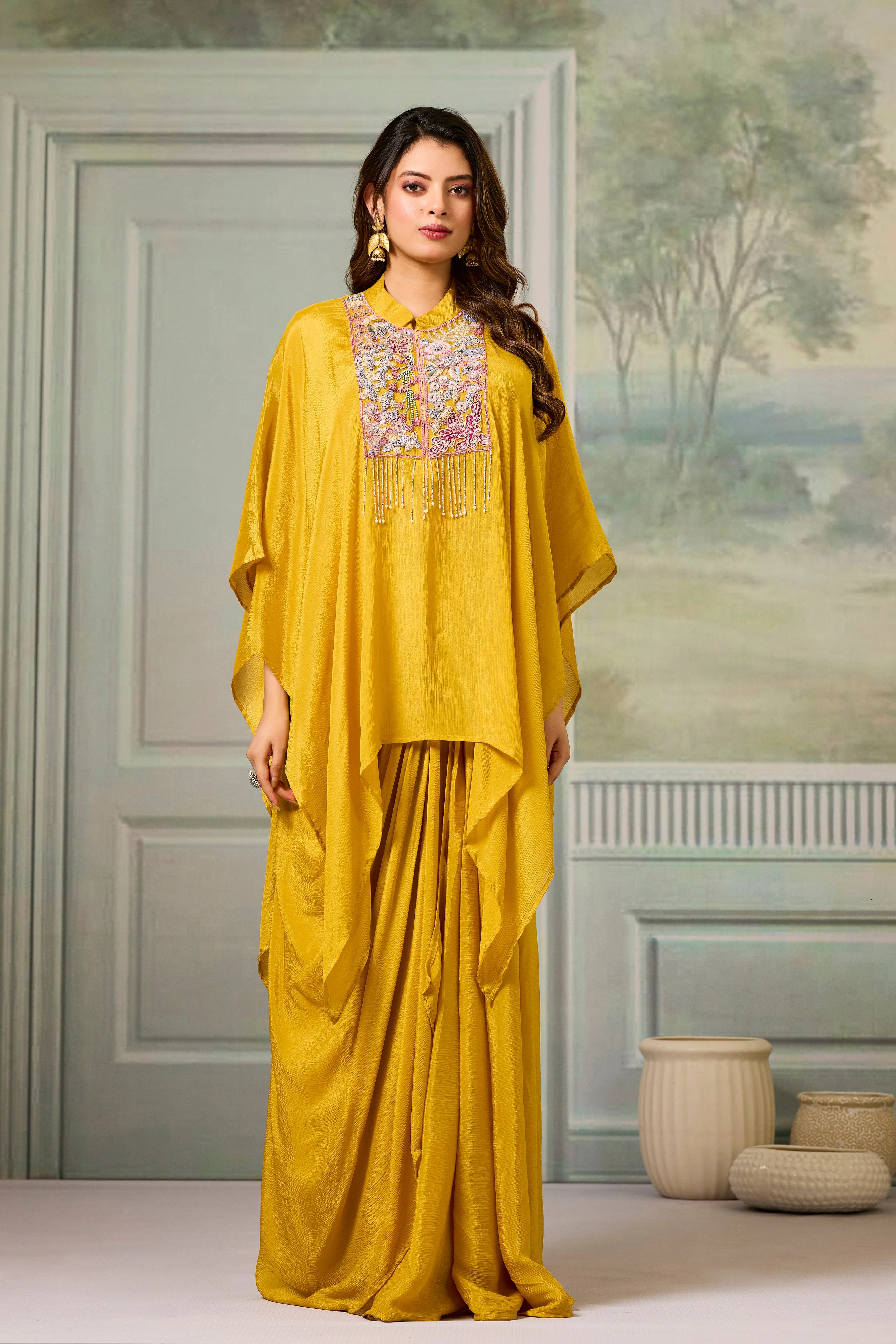 Yellow Embroidered Chinon Silk Skirt Set - Image 5