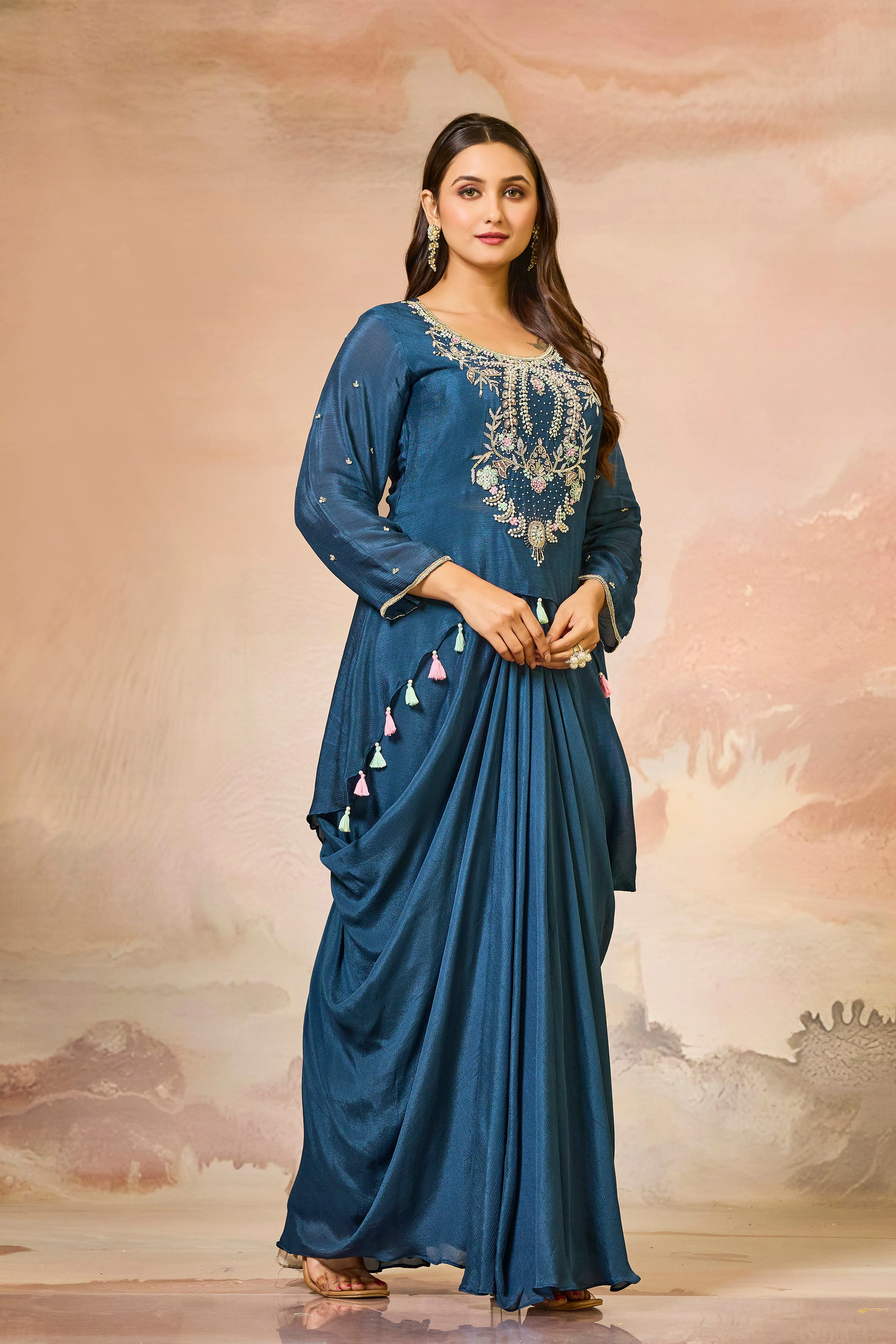 Blue Embroidered Chinon Silk Skirt Set - Image 2