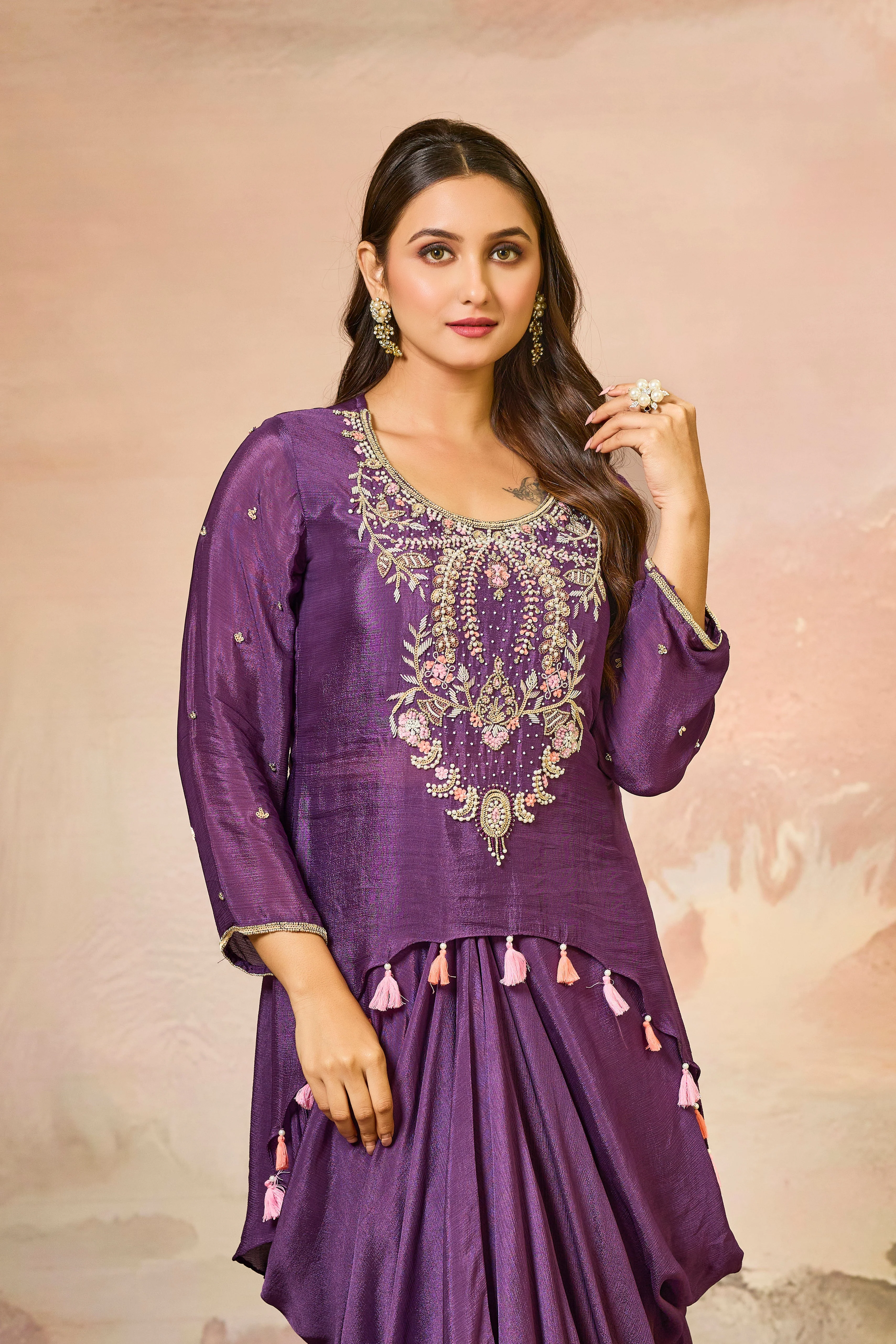 Magenta Embroidered Chinon Silk Skirt Set - Image 2