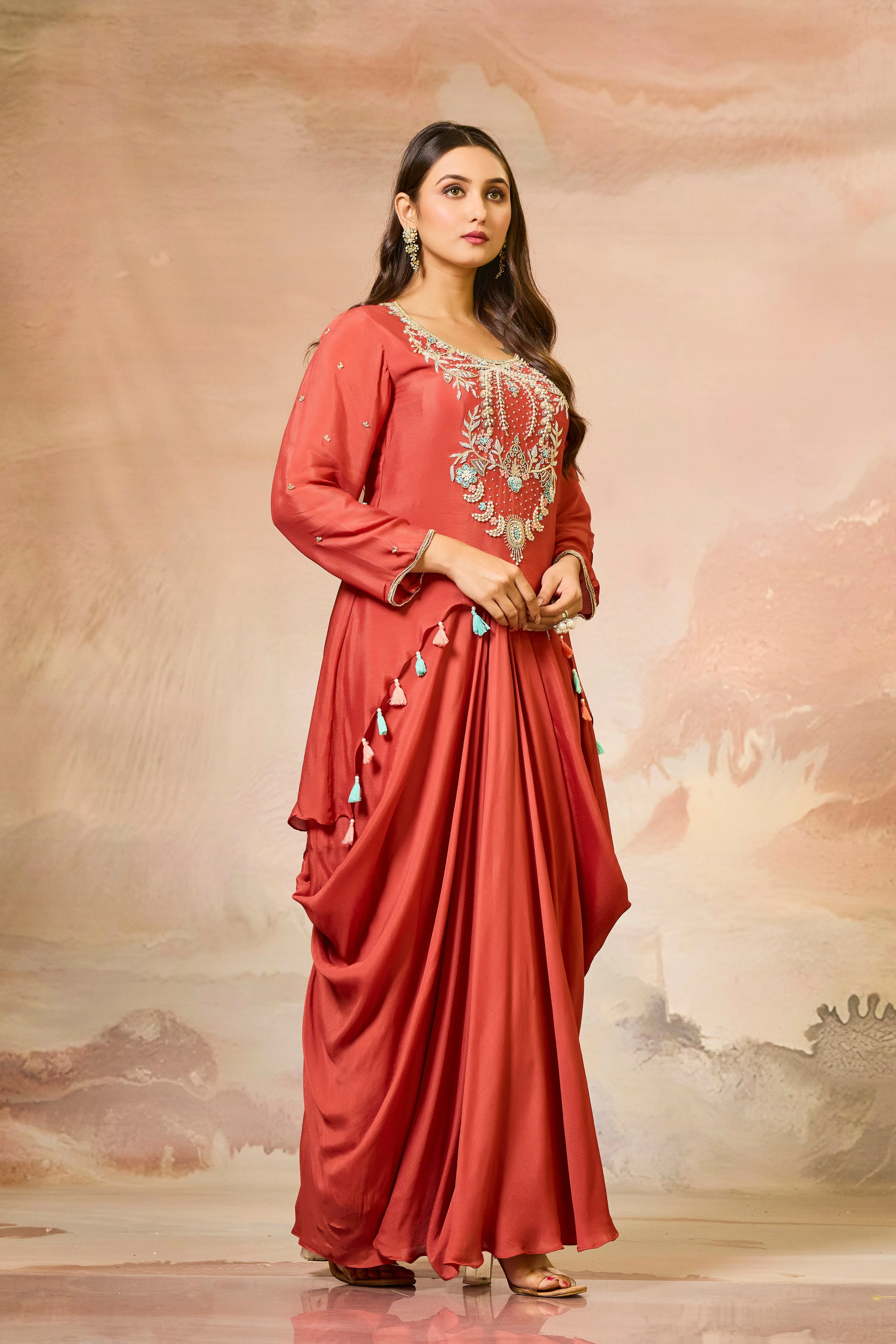 Rustic Red Embroidered Chinon Silk Skirt Set