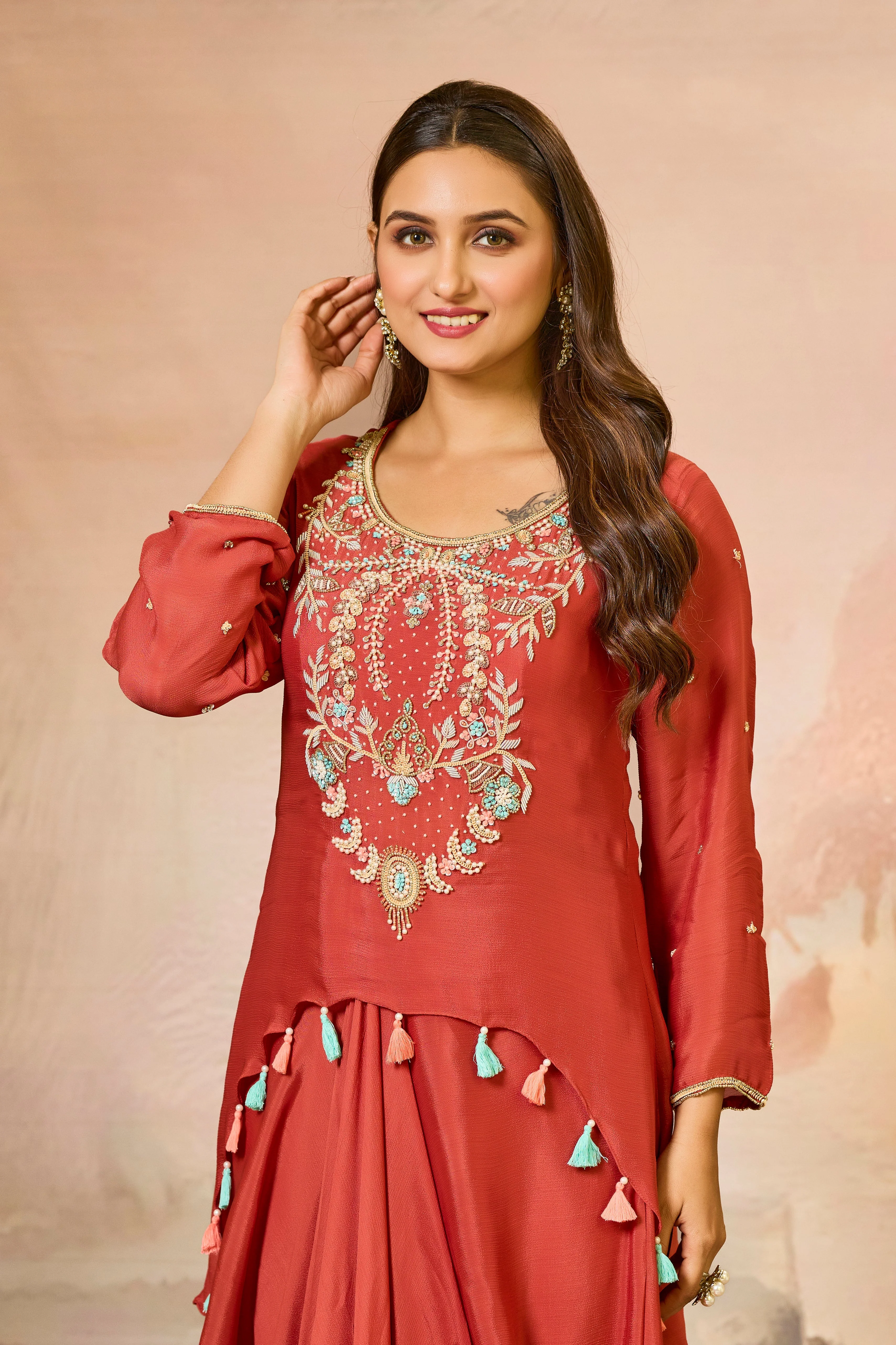 Rustic Red Embroidered Chinon Silk Skirt Set - Image 2