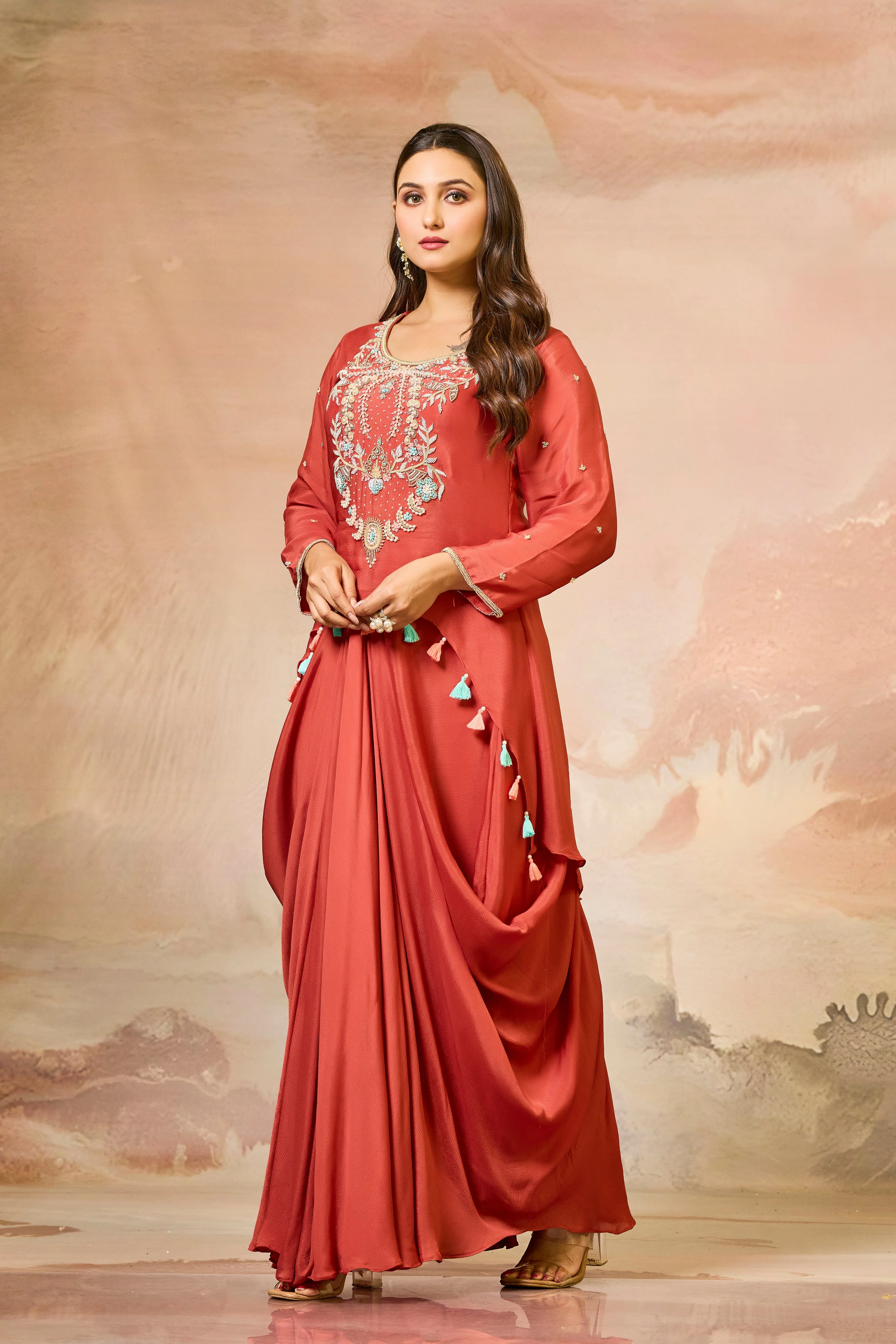 Rustic Red Embroidered Chinon Silk Skirt Set - Image 3