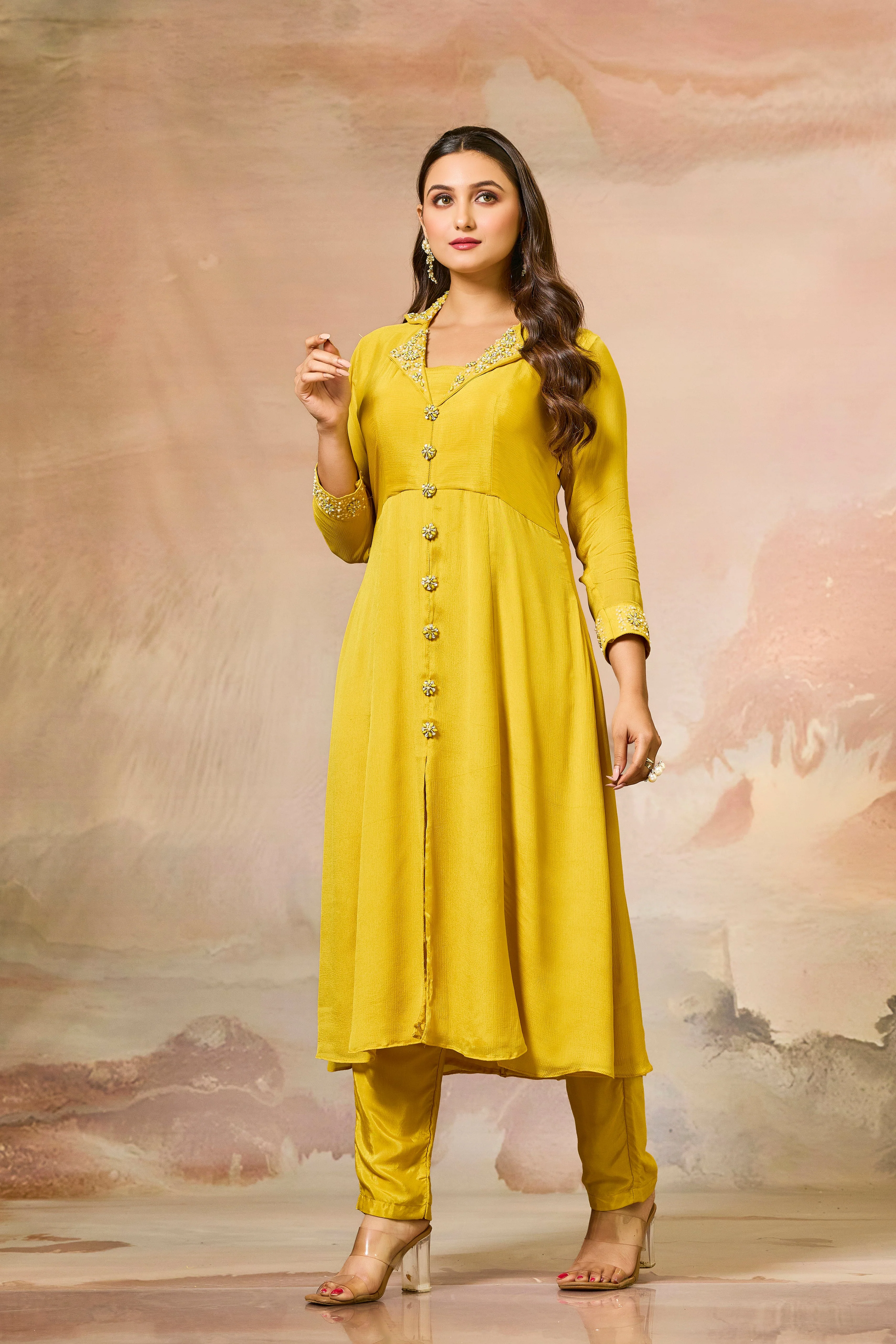 Yellow Embellished Chinon Silk Kurta Set - Image 2