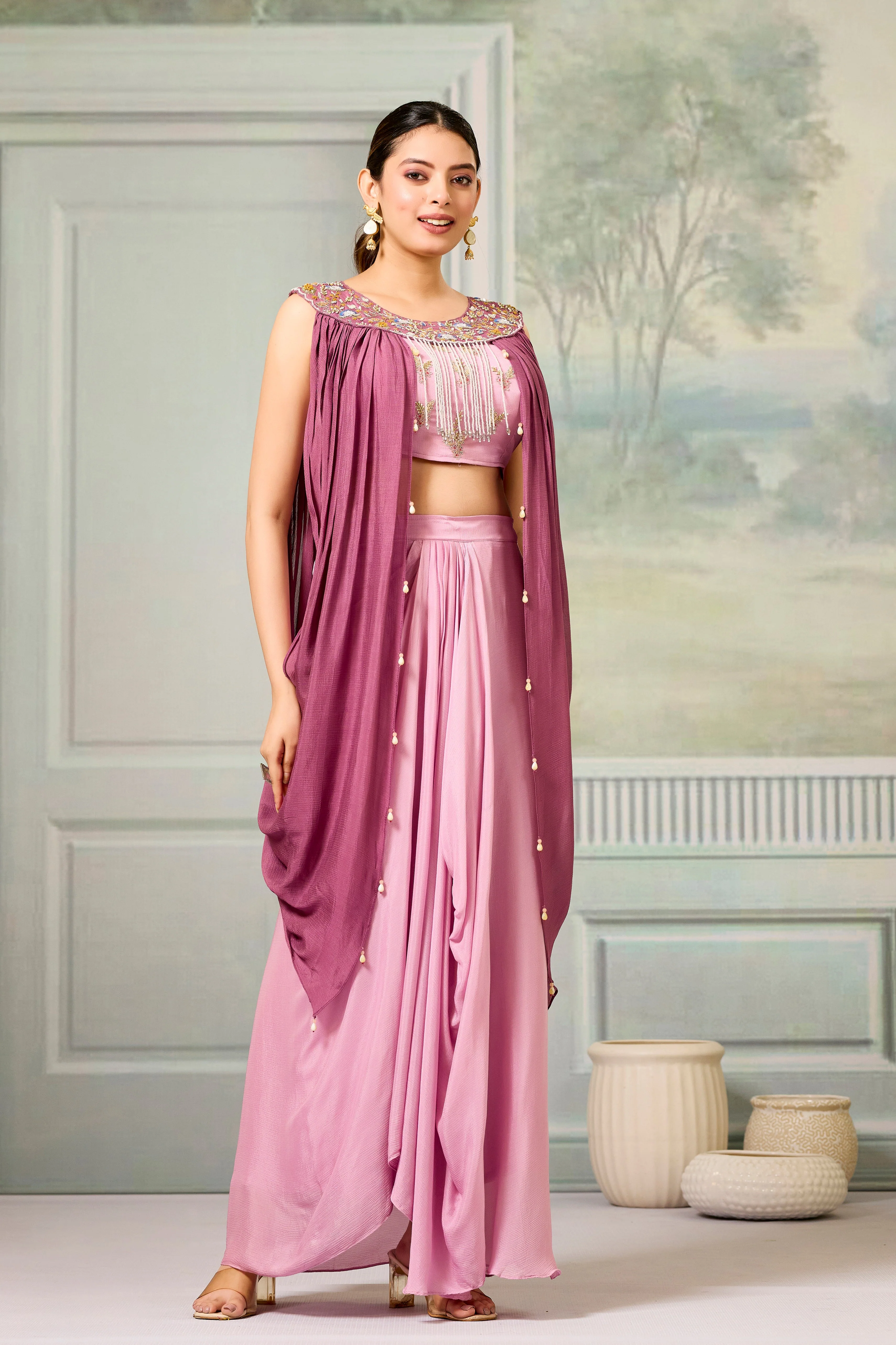 Forever Pink Embellished Chinon Silk Skirt Set - Image 3