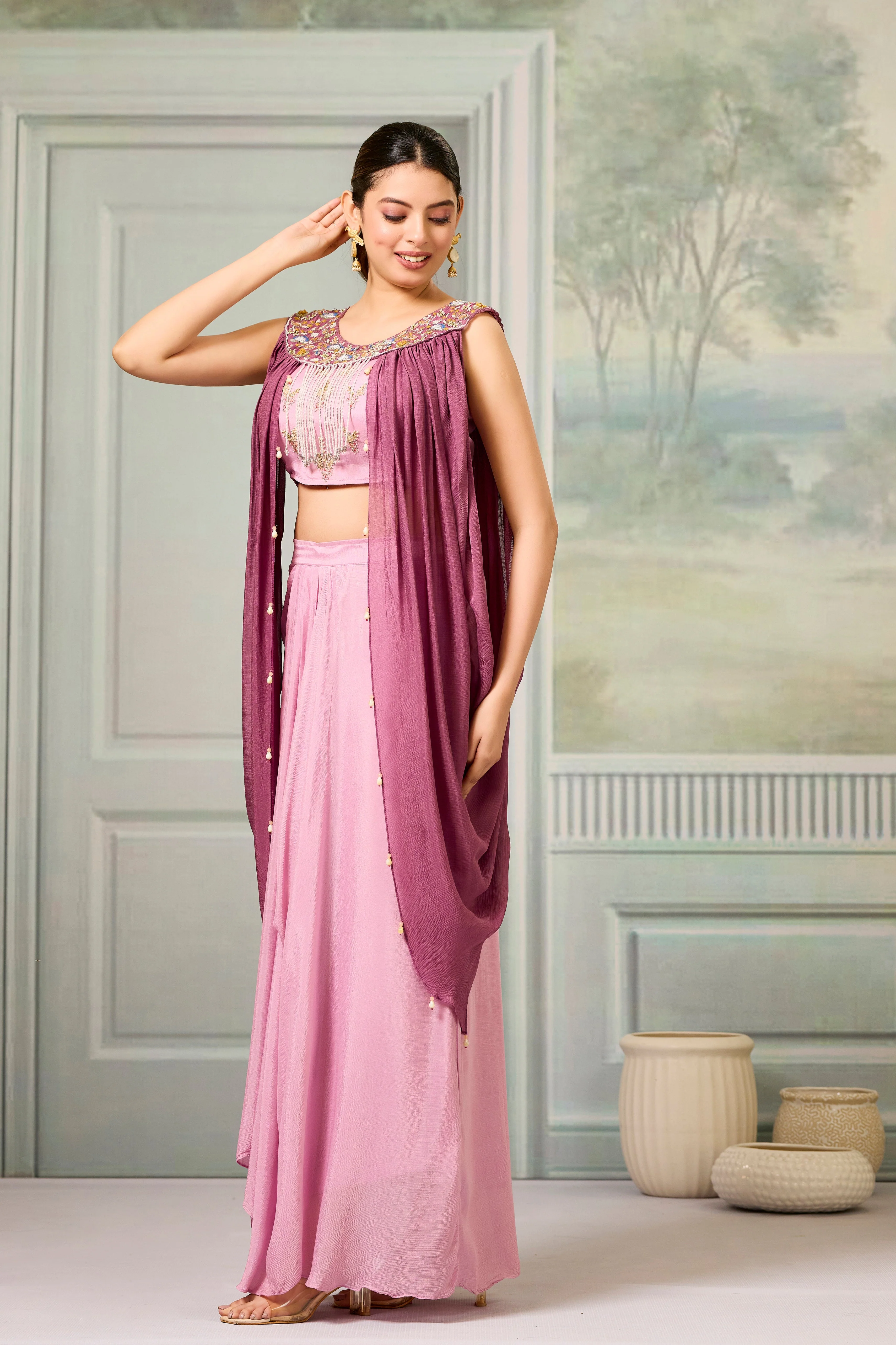 Forever Pink Embellished Chinon Silk Skirt Set - Image 4