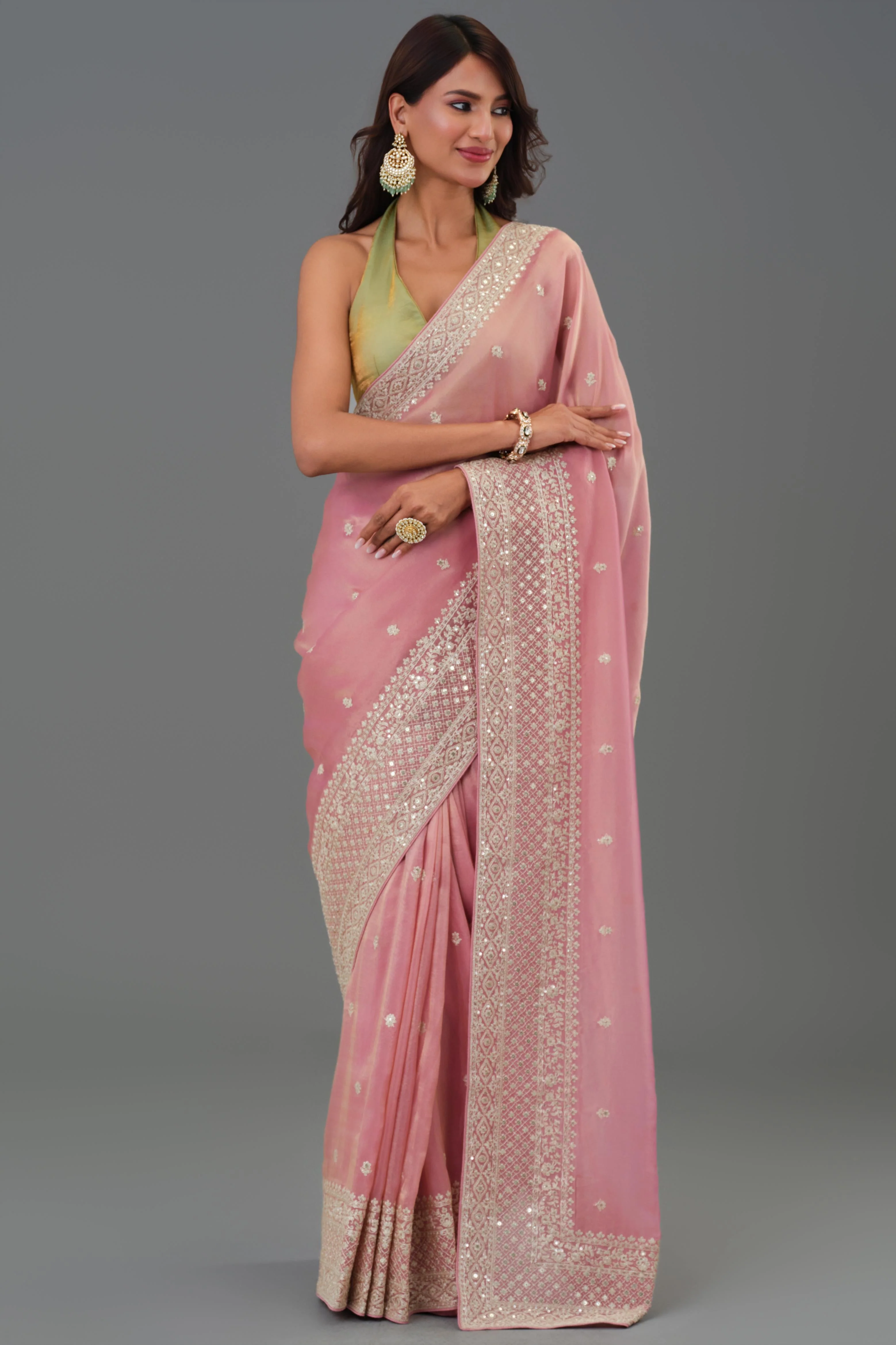 Soft Pink Embroidered Tissue Cosmo Silk Saree - Image 2