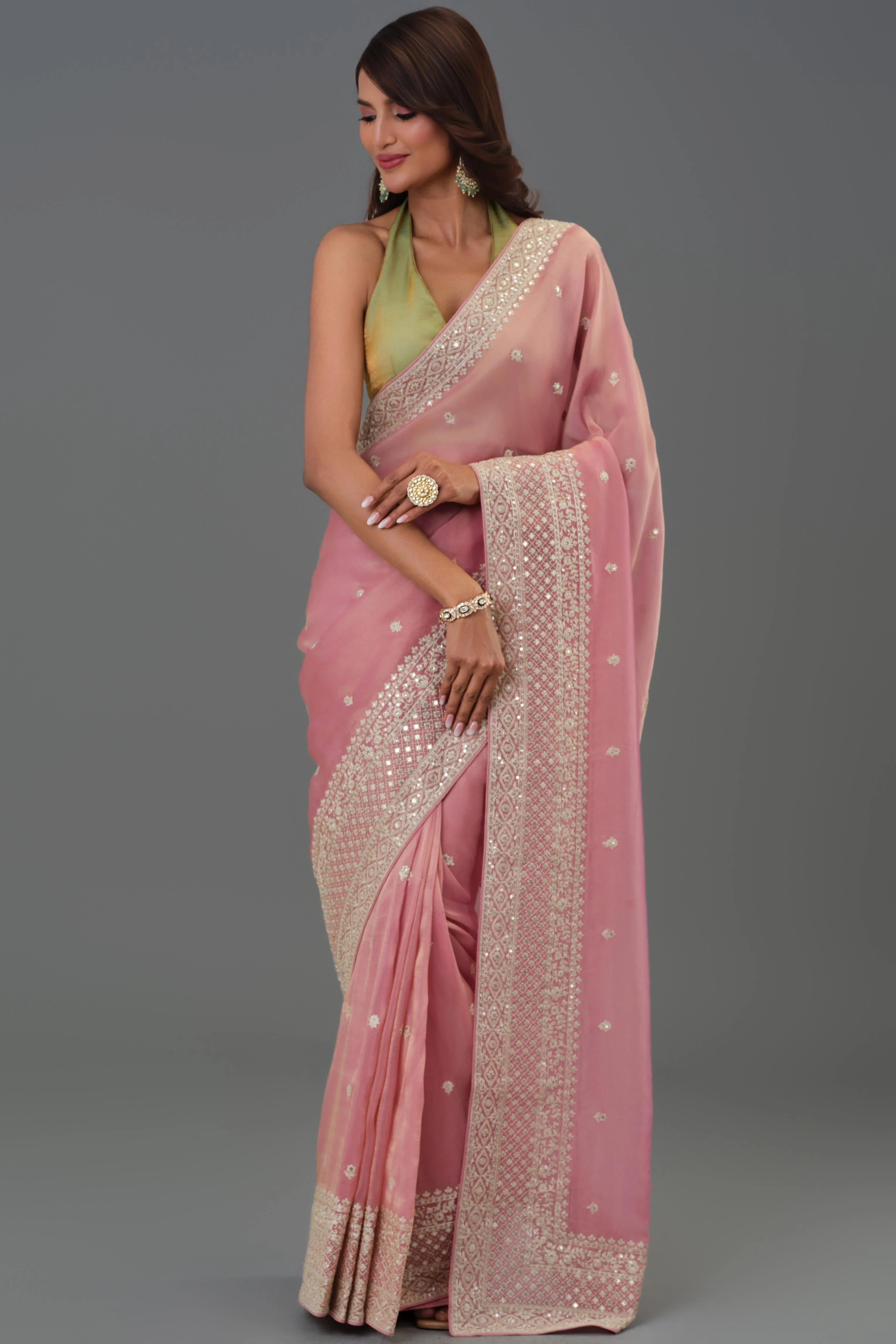 Soft Pink Embroidered Tissue Cosmo Silk Saree - Image 3