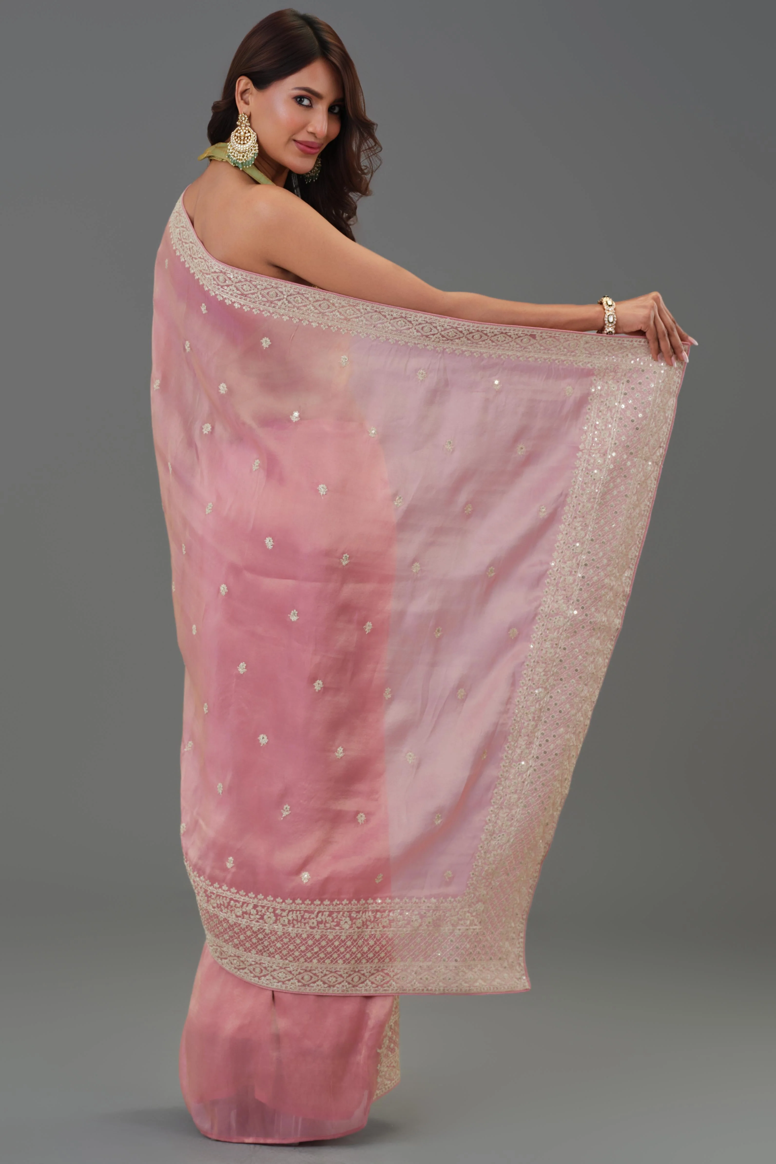 Soft Pink Embroidered Tissue Cosmo Silk Saree - Image 4